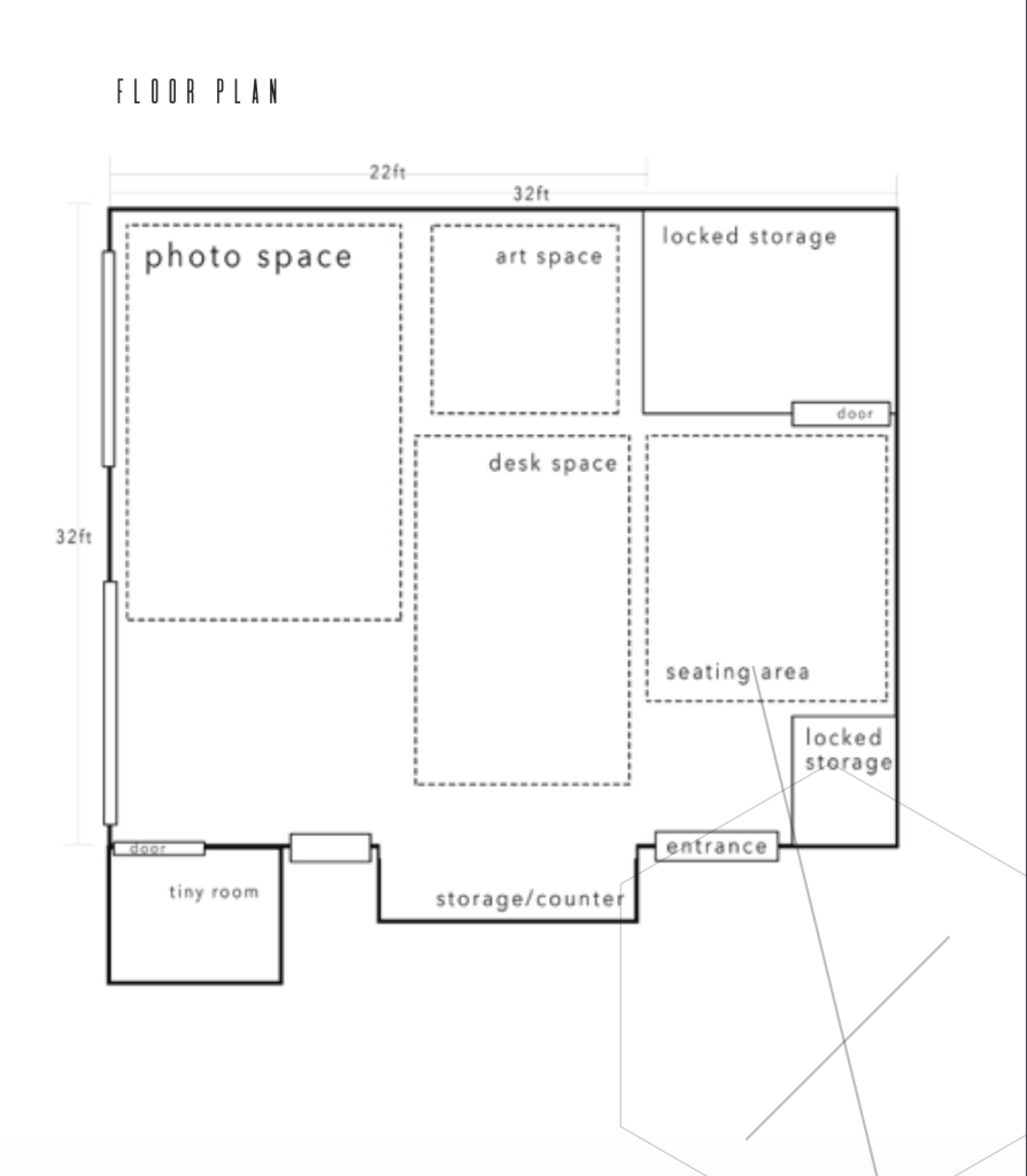 A floor plan layout featuring designated areas including a photo space, art space, desk space, seating area, and multiple locked storage sections.