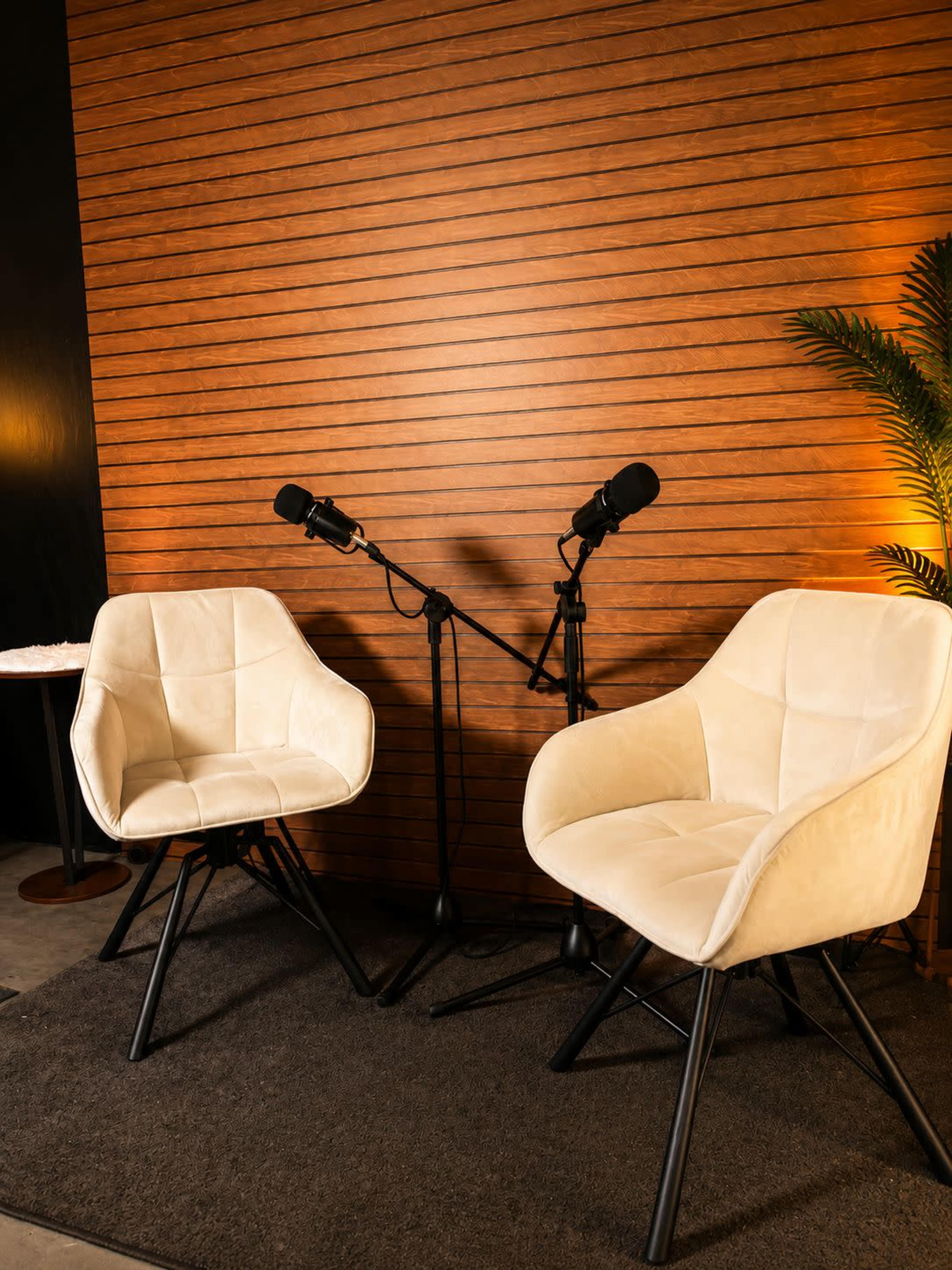 The image shows two cream-colored chairs positioned on a dark rug in front of wooden slat wall accents, with two microphones on stands beside them.