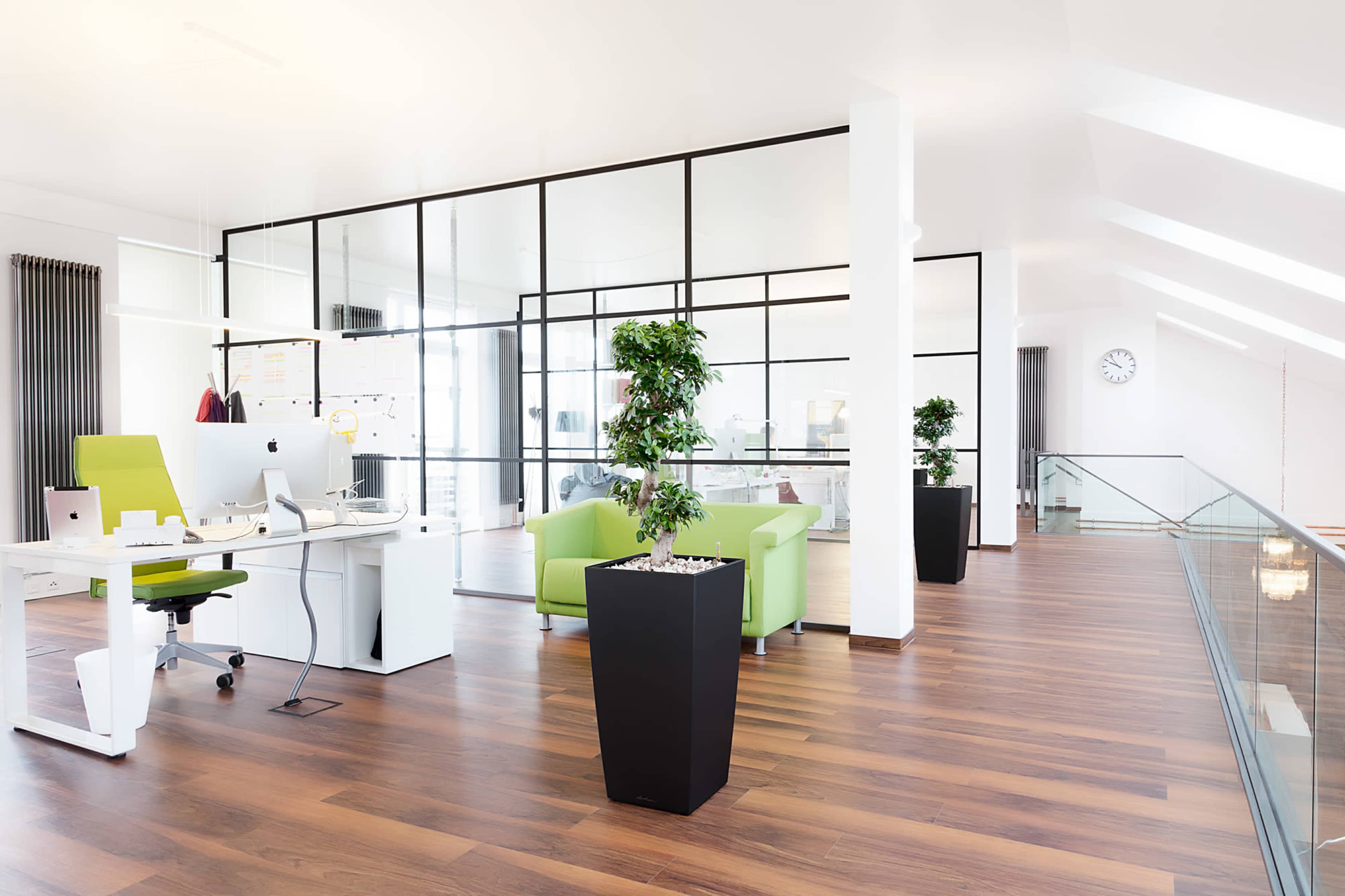 The image shows a modern office space with a glass partition, green seating, and potted plants on wooden flooring.