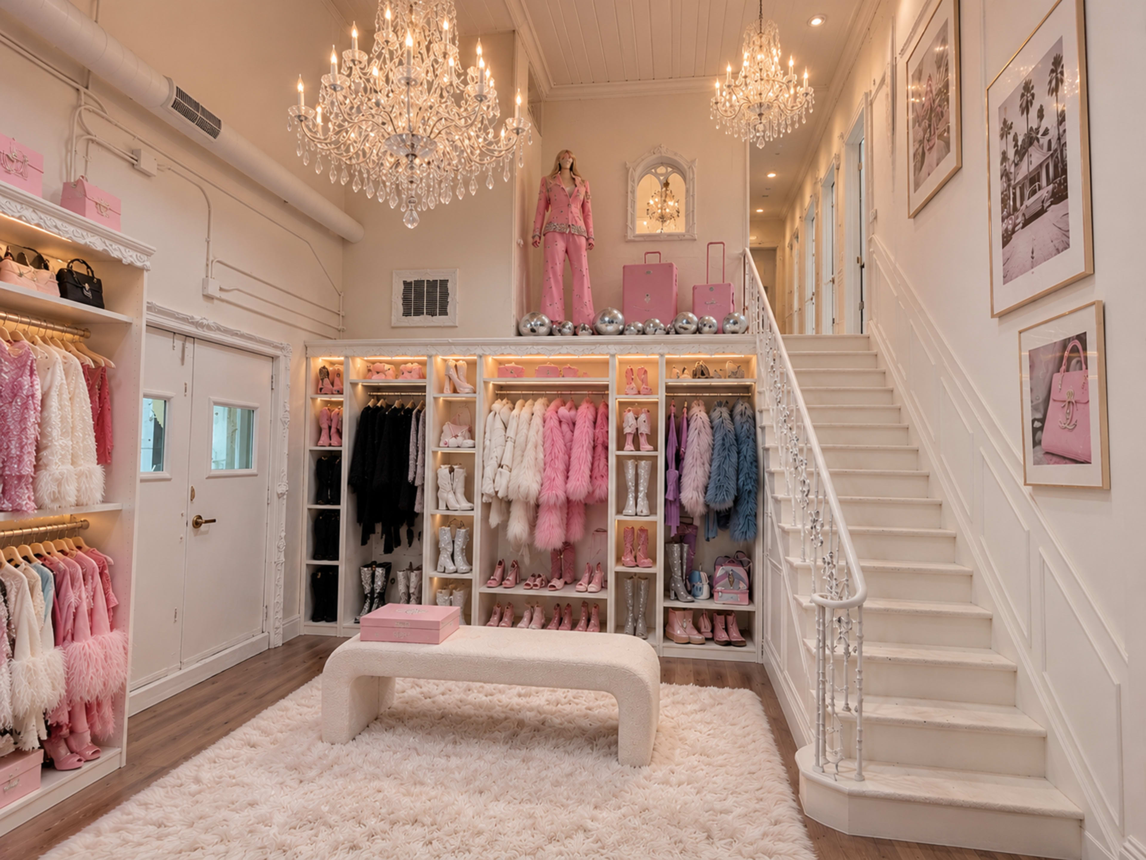 The image shows an elegantly designed boutique interior with pink-themed clothing and accessories displayed on shelves, a plush rug on the floor, and a staircase leading to an upper level.