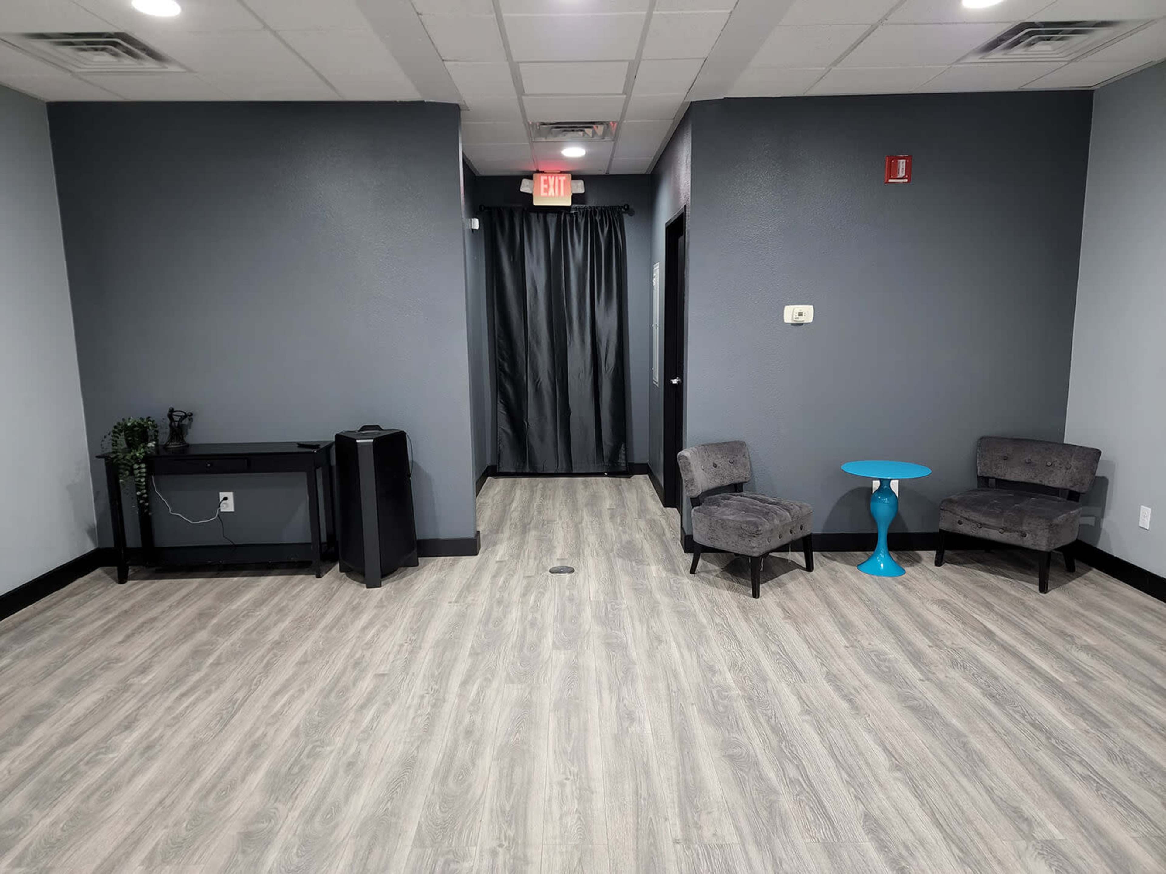 A minimalist interior space featuring gray walls, light wood floors, two gray chairs, a blue side table, a small plant on a console table, and a black curtain leading to another room.
