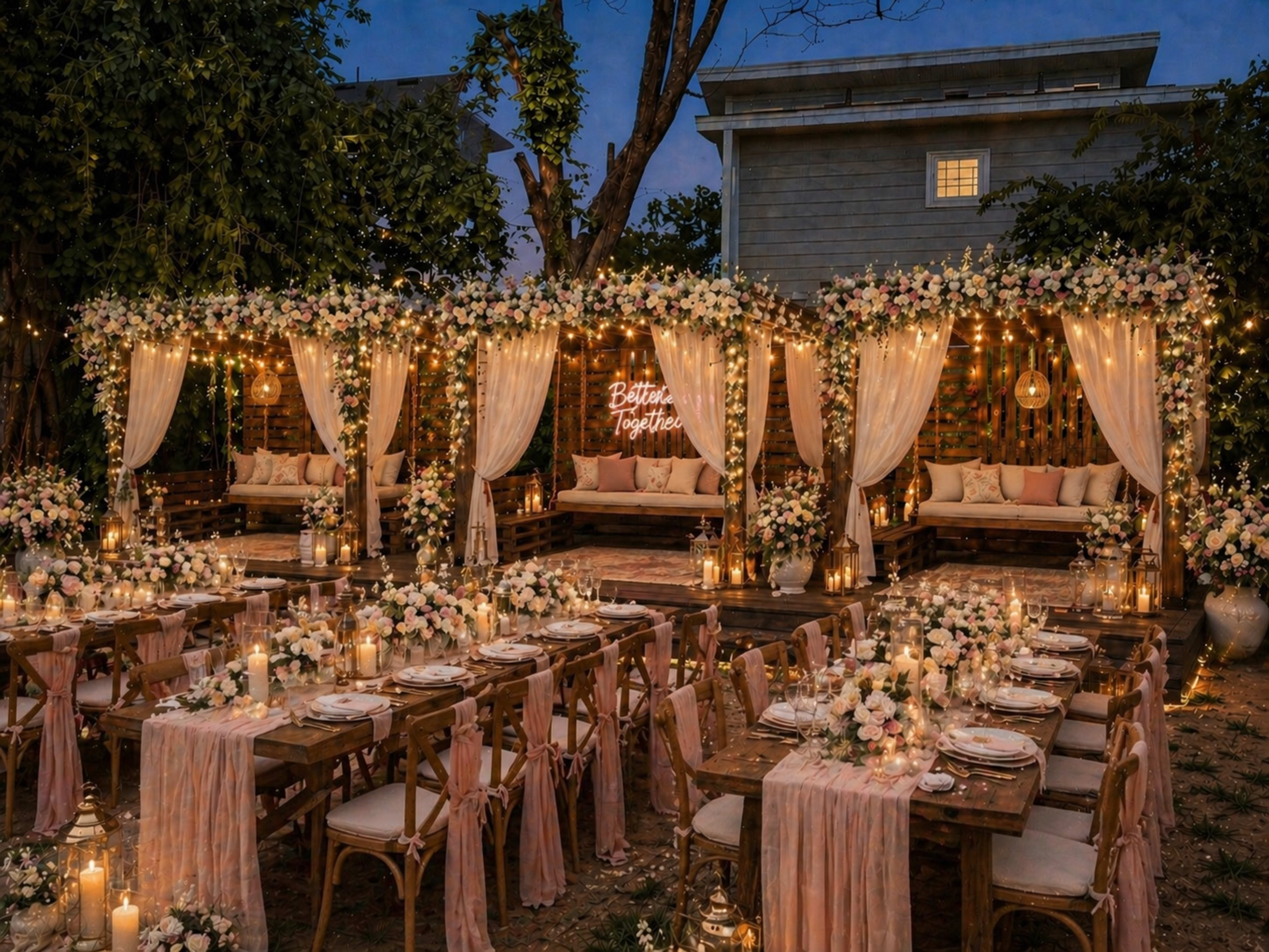 A beautifully decorated outdoor wedding reception features elegant tables set with floral arrangements and soft lighting amidst floral draped pergolas.