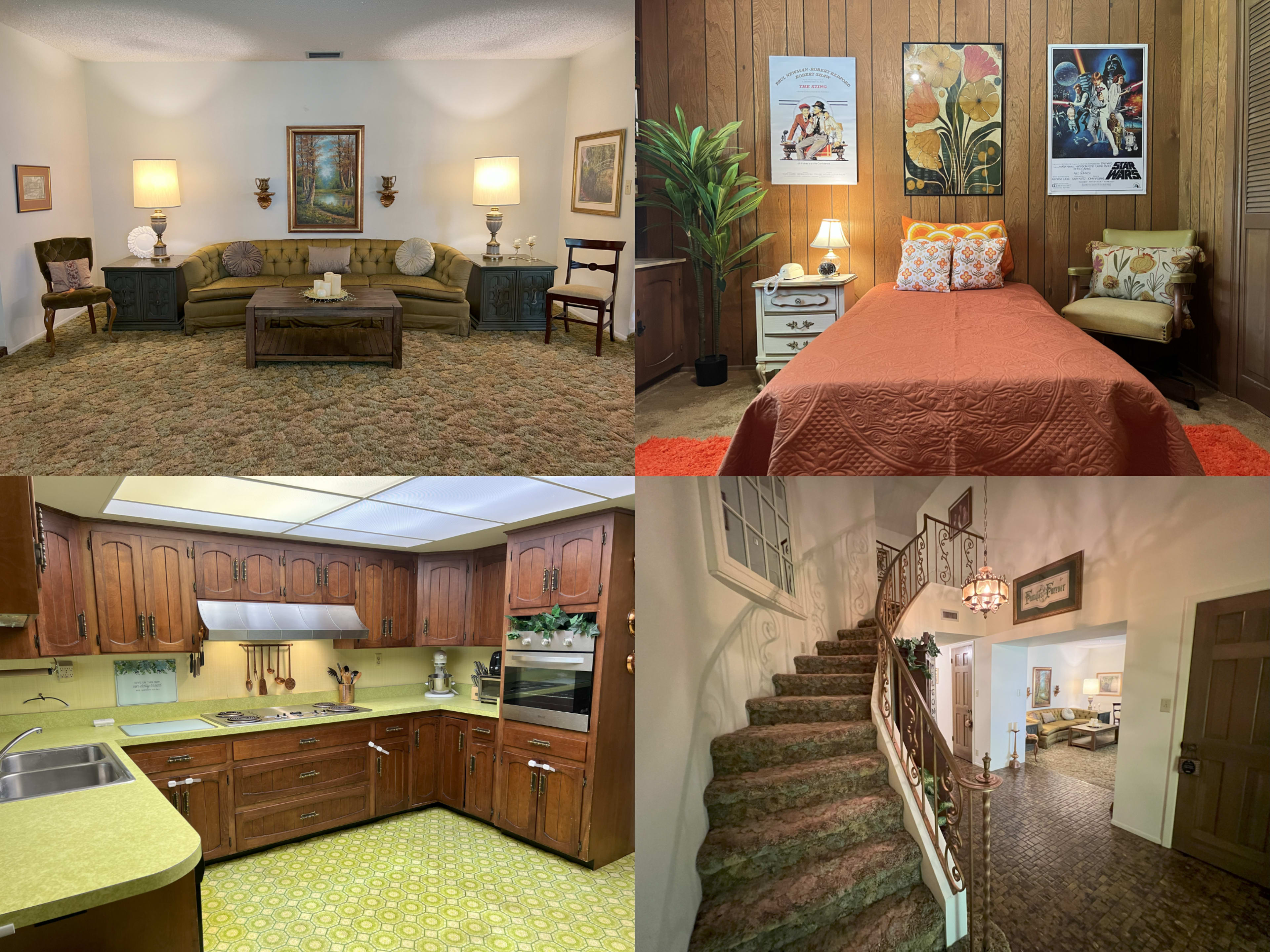 The image features four different interior scenes: a living room with a green sofa and wooden accents, a bedroom with a patterned bedspread and decorative artwork, a kitchen showcasing wooden cabinets and green flooring, and an entryway leading to a staircase with decorative railings.