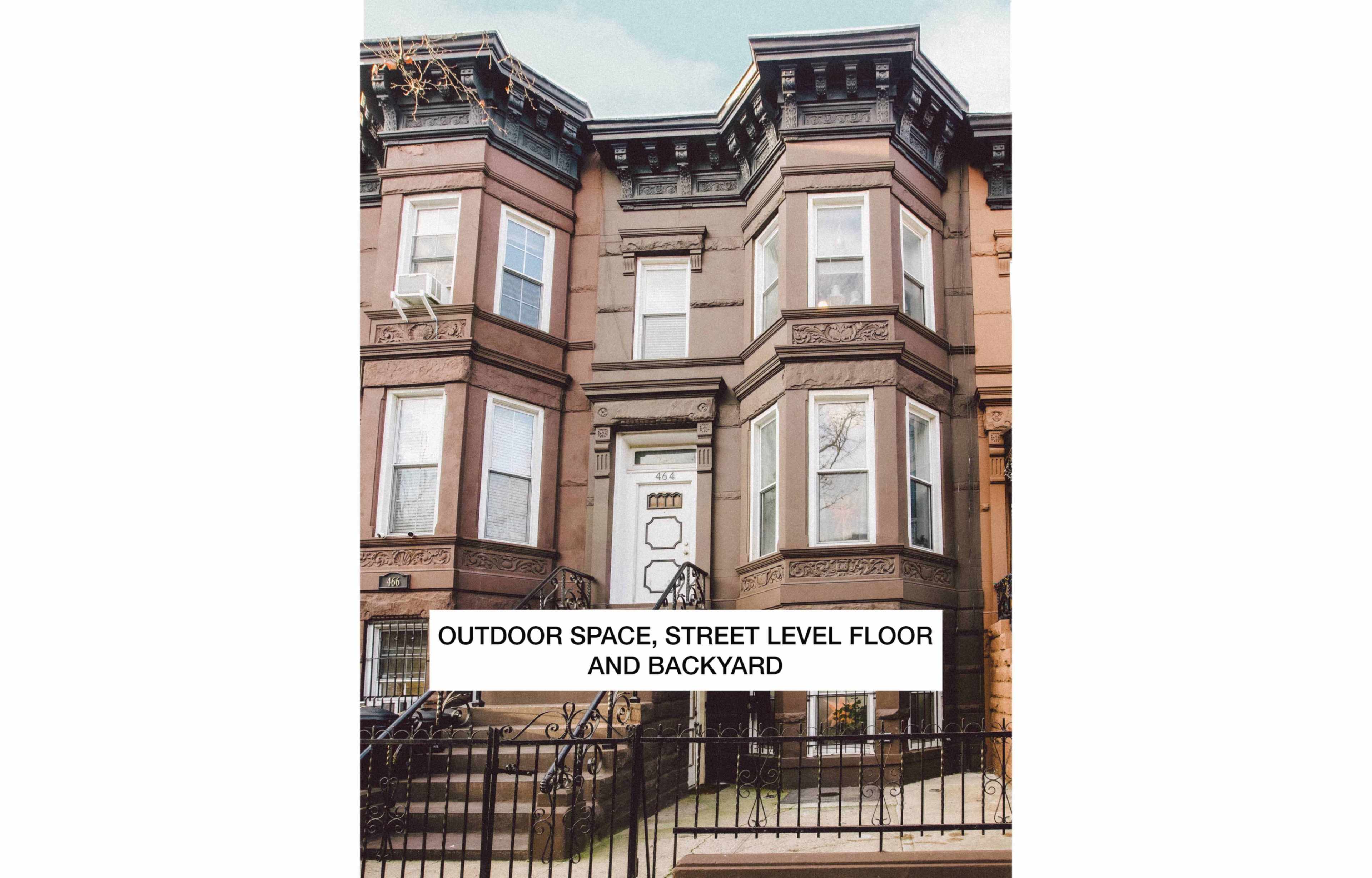 A brownstone building with a street-level entrance and a backyard is shown.