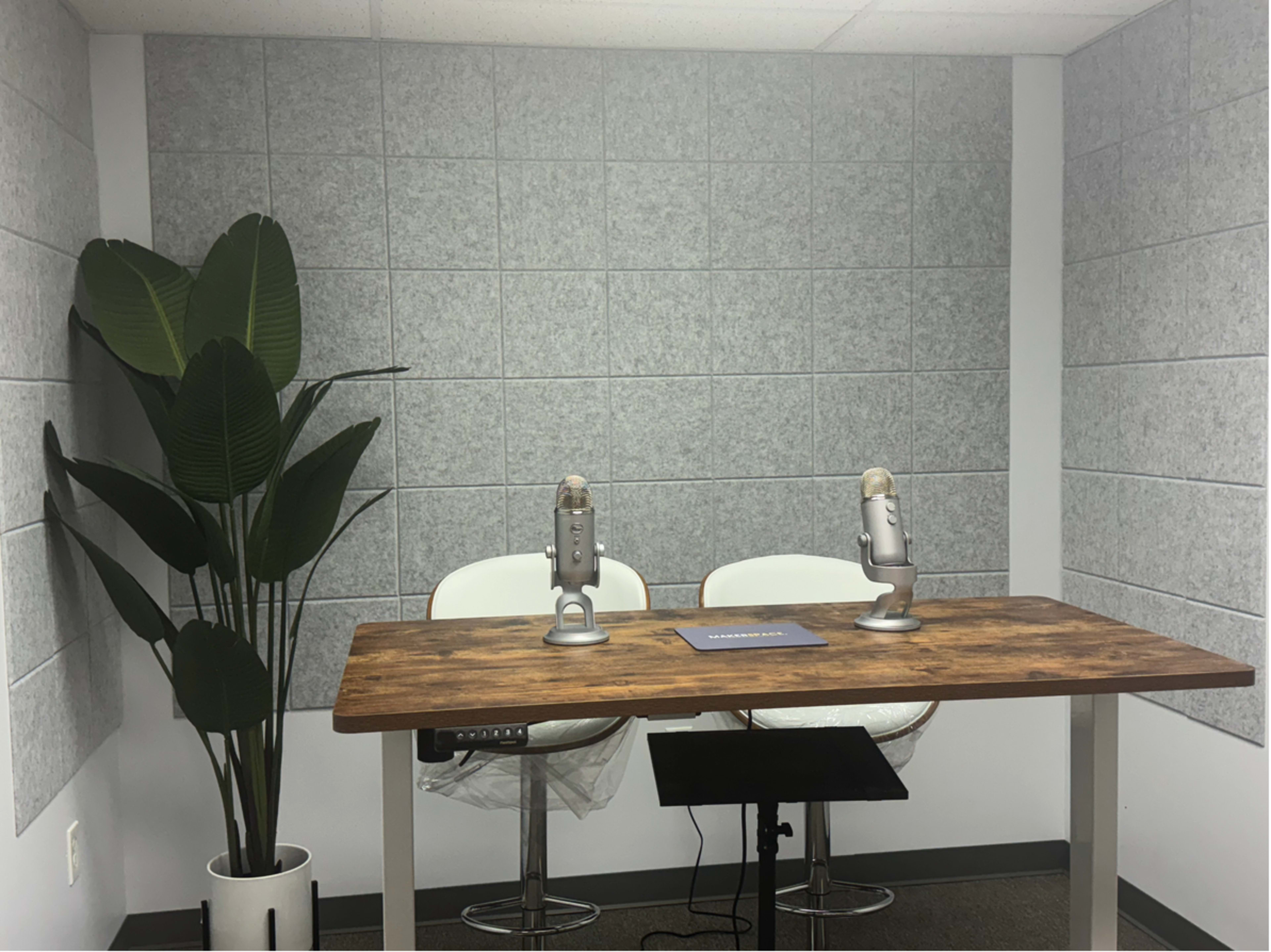A small recording studio features a wooden table with two microphones positioned on it, accompanied by two white chairs and a potted plant in the corner.