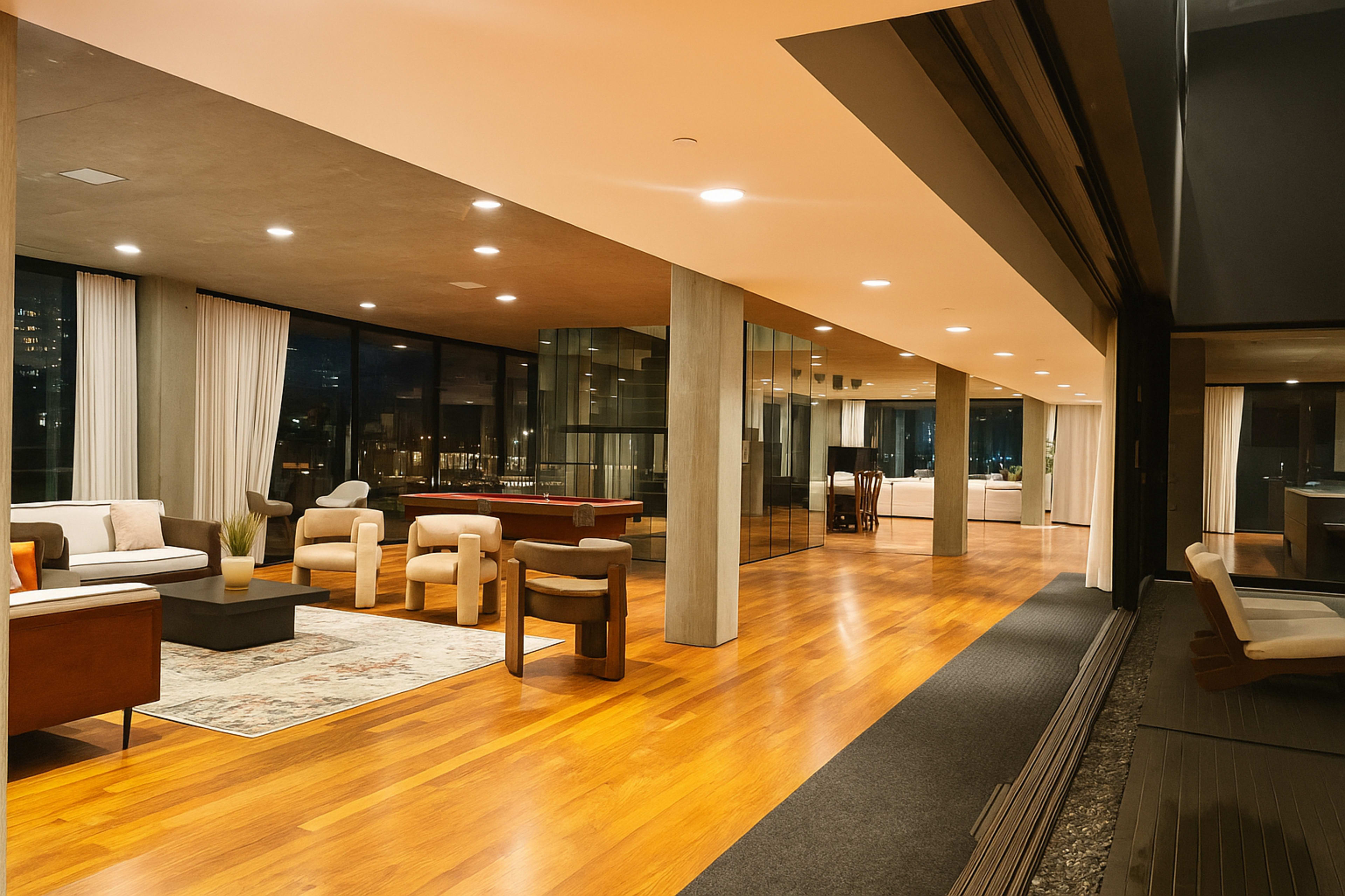 A spacious, modern living area features large windows, hardwood flooring, and minimalist furniture, creating an open and inviting atmosphere.