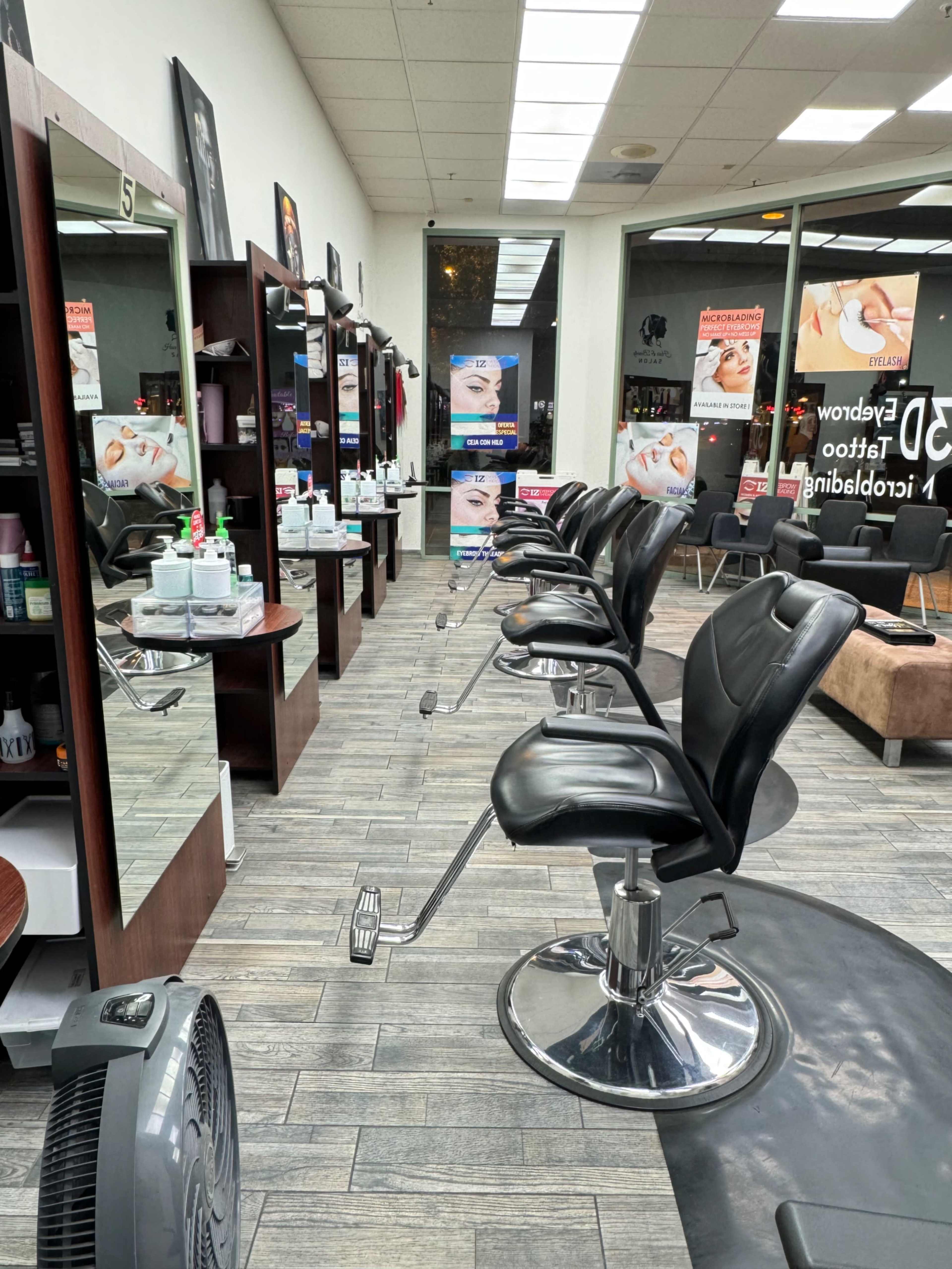 The image shows a row of black salon chairs in front of mirrors inside a cosmetology salon, with promotional posters on the walls.