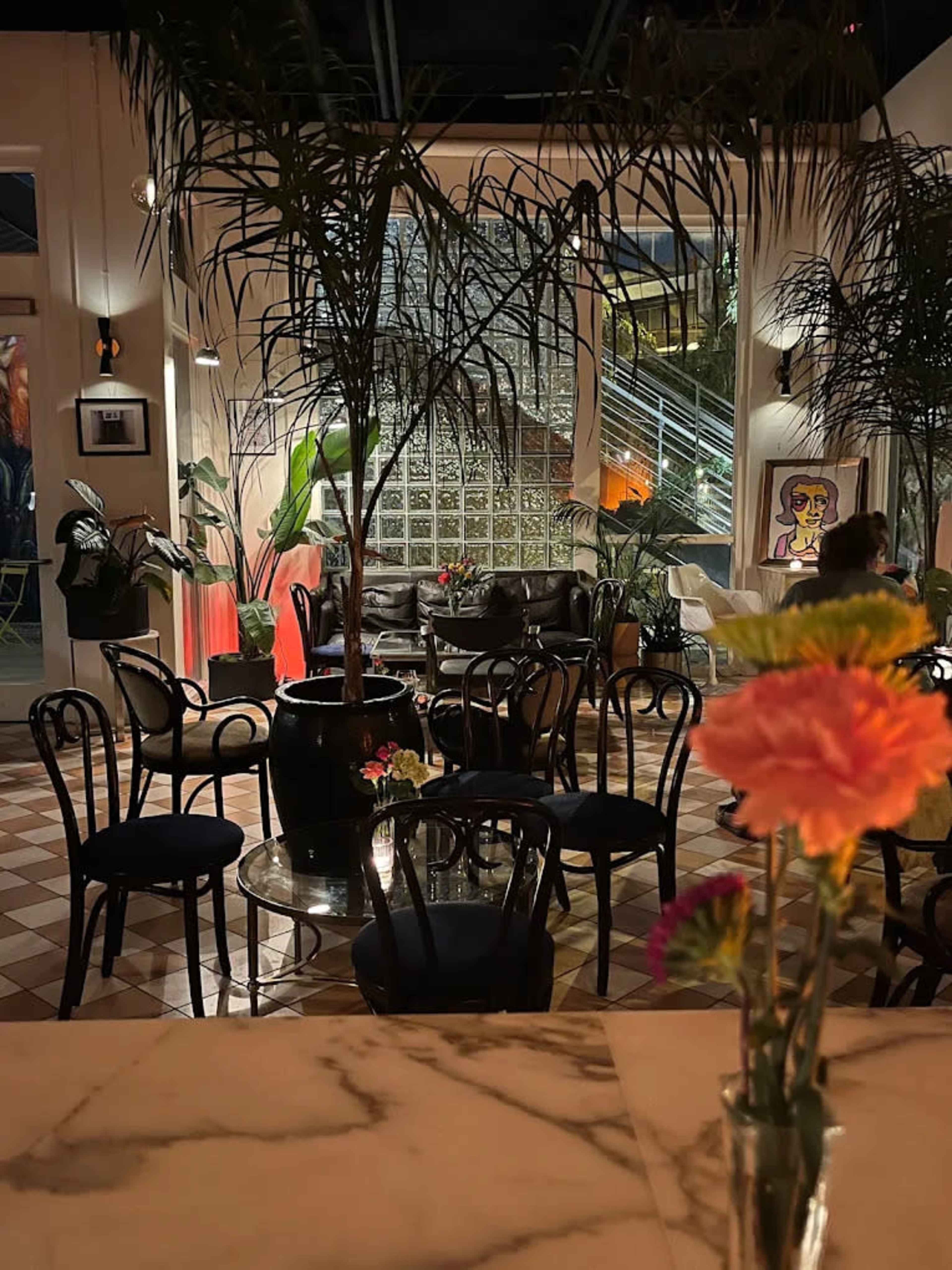 The image shows a cozy indoor space featuring dark chairs, a glass table, potted plants, and a leather sofa, illuminated by warm lighting.