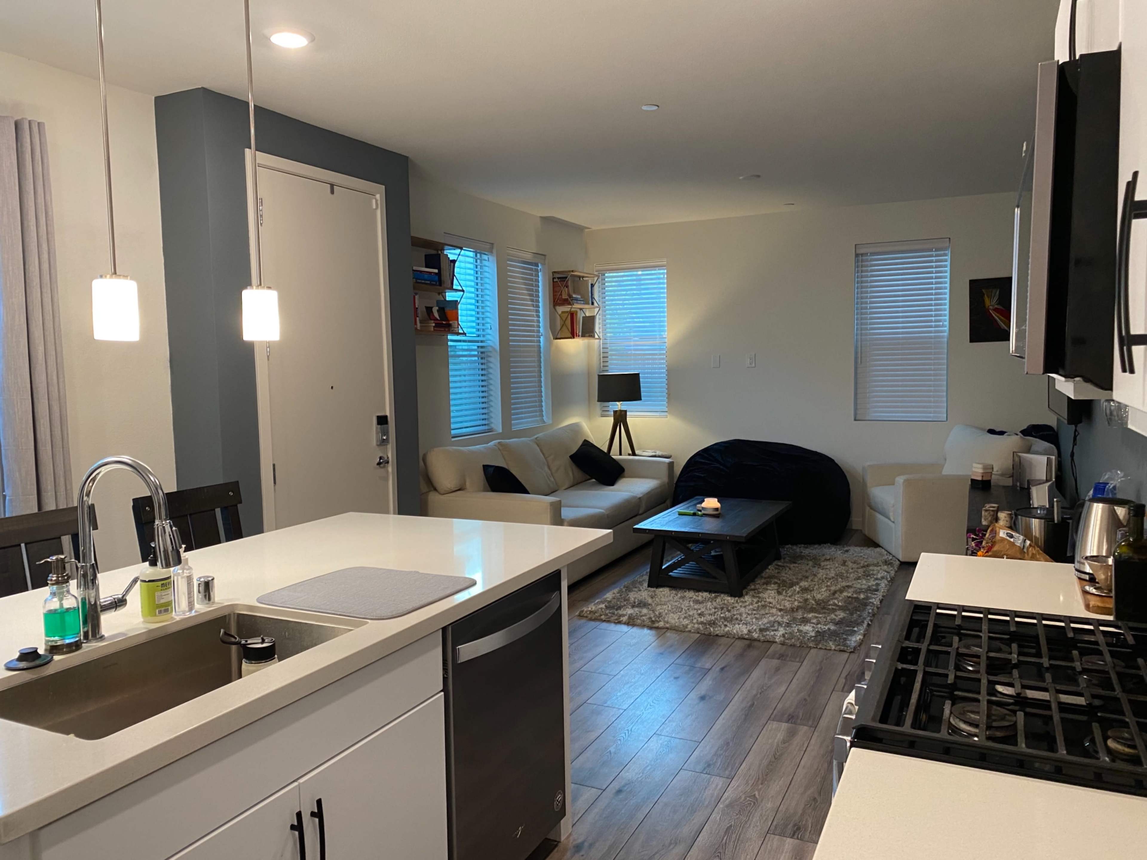 A modern open-concept kitchen and living room, featuring a kitchen island with a sink, a dining area, and a living space with a sofa and coffee table.