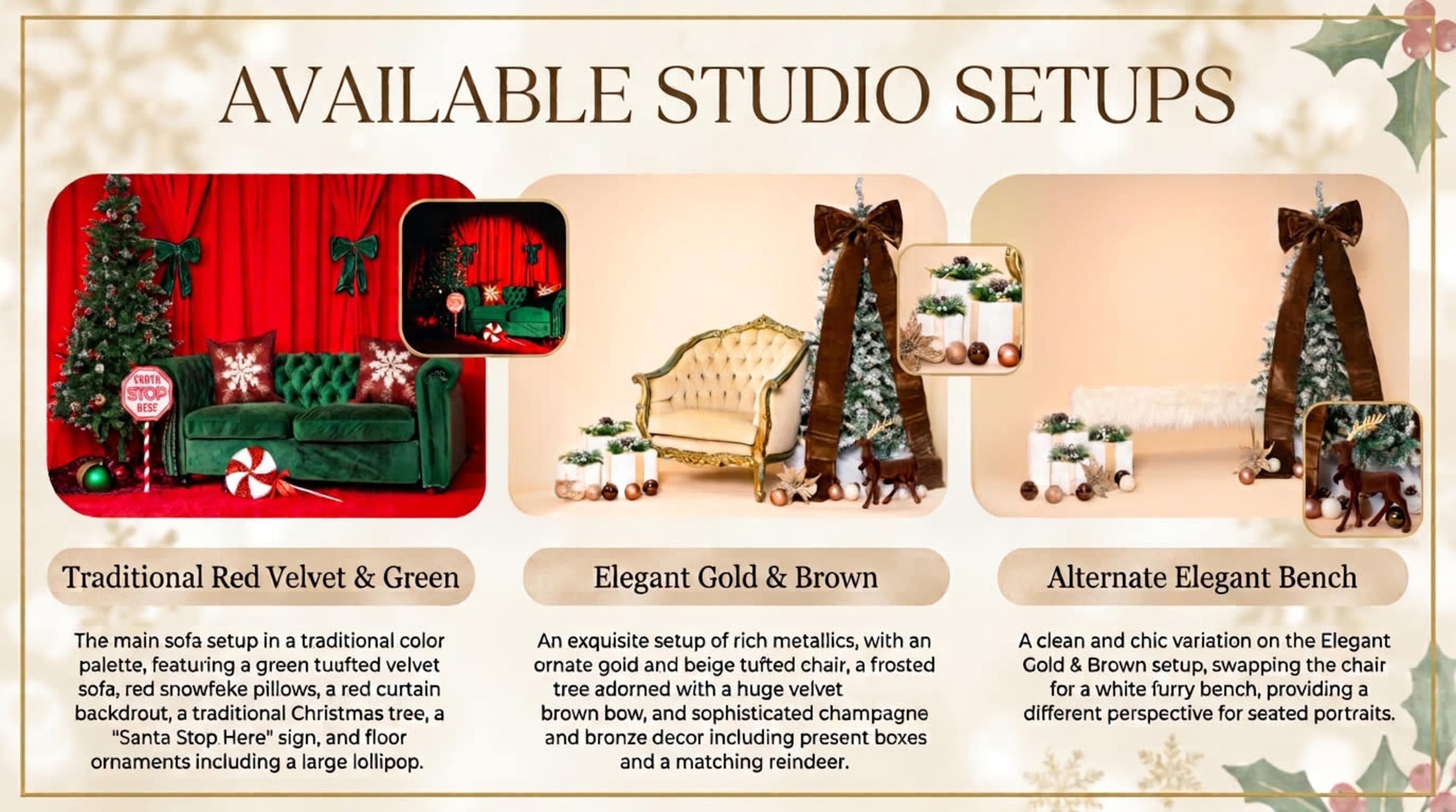 The image displays three studio setup options for holiday photo shoots, featuring traditional red velvet and green decor, elegant gold and brown aesthetics, and an alternate elegant bench setup.
