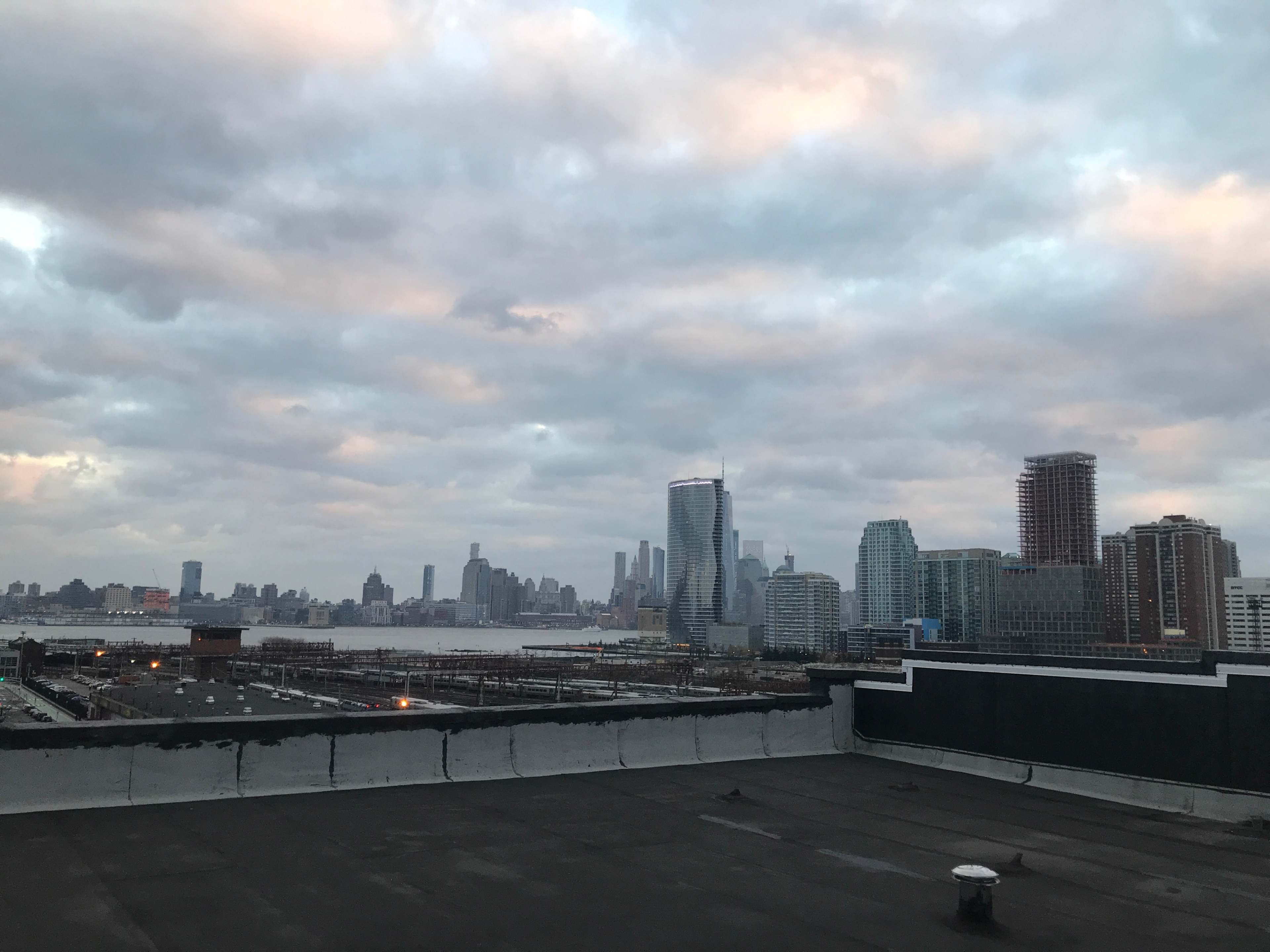 A view of a city skyline with tall buildings and a body of water under a cloudy sky, seen from a rooftop.