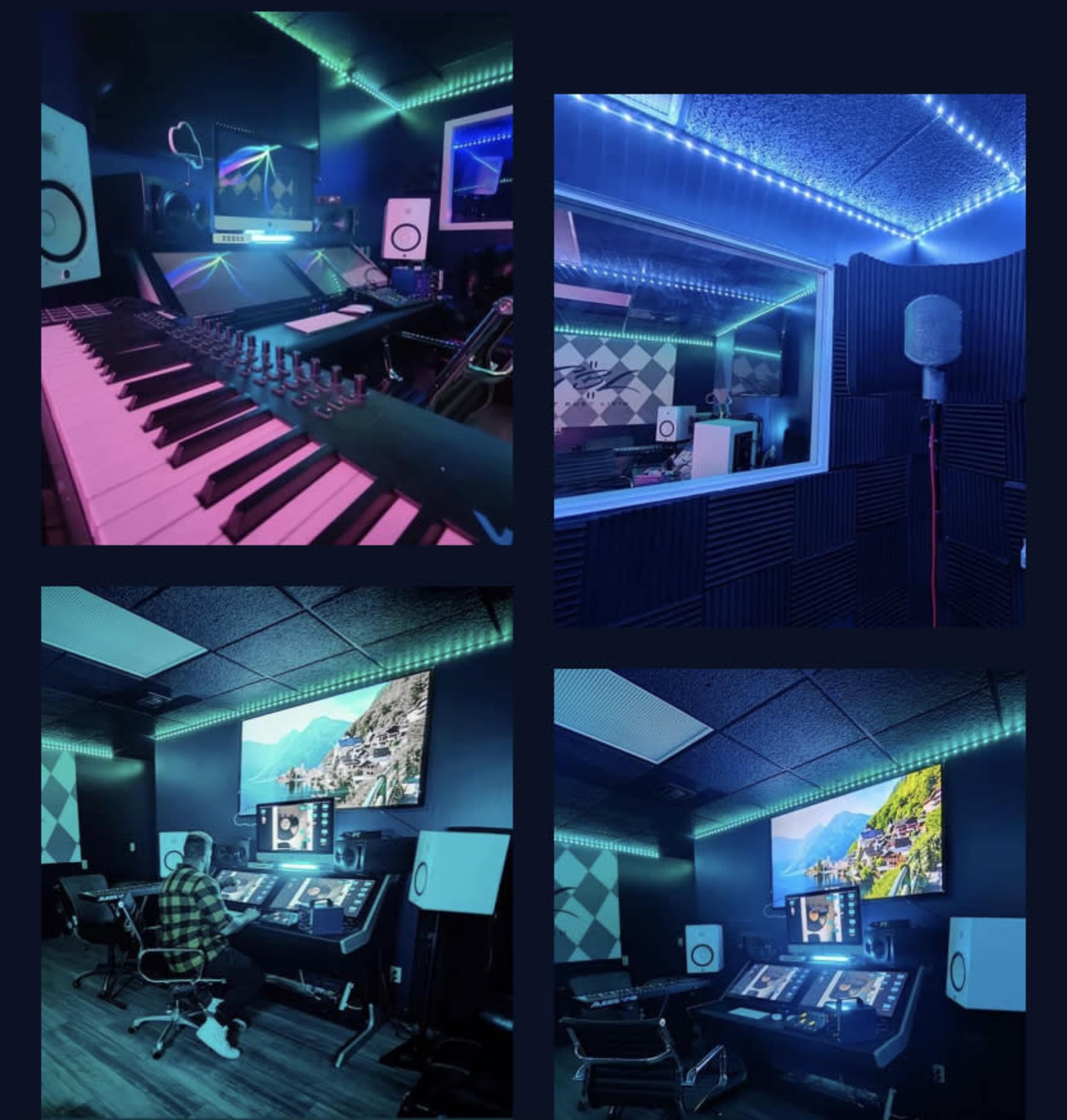 The image shows a modern music studio featuring a keyboard, mixing equipment, and mood lighting across the walls.
