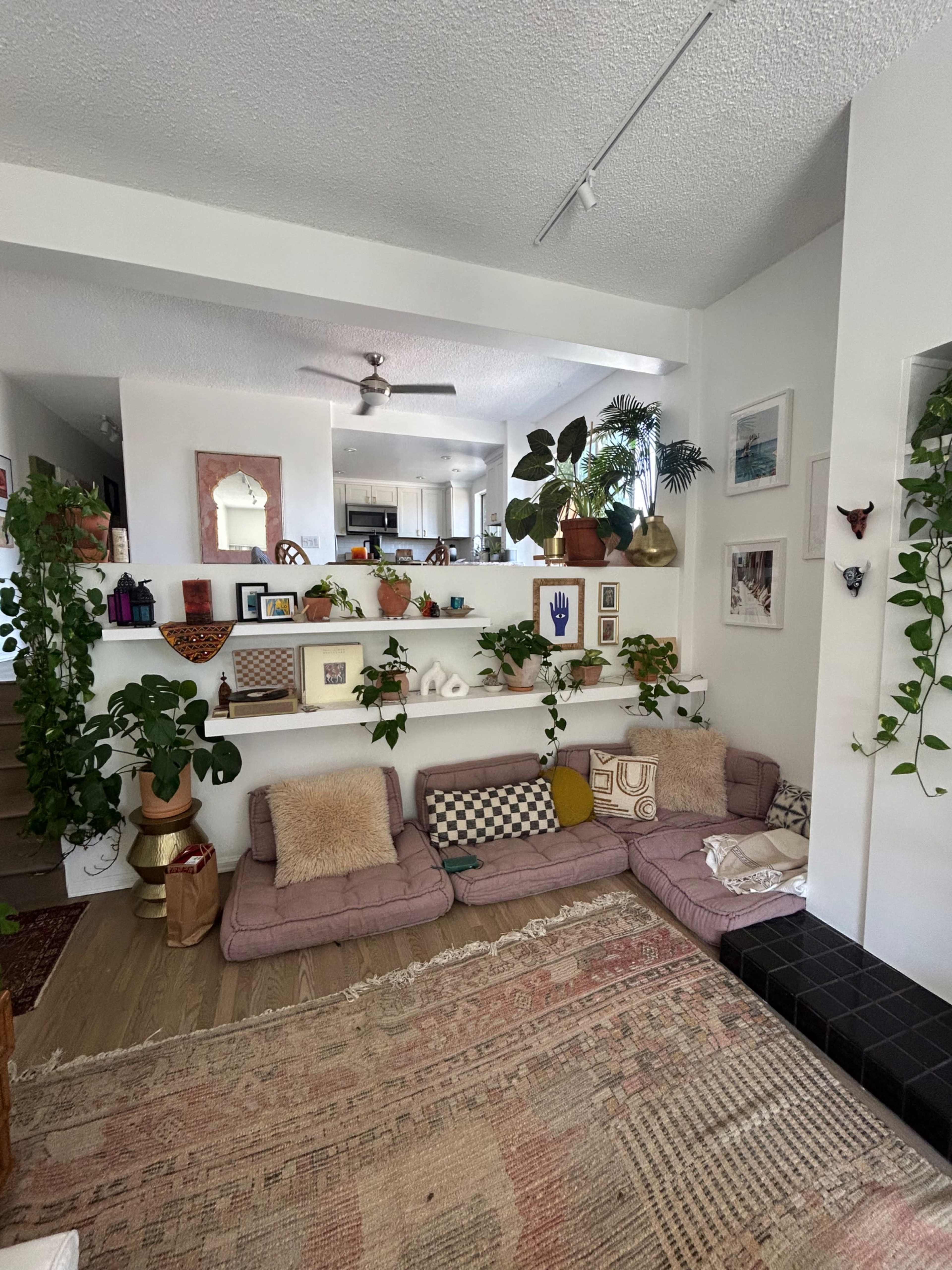 A cozy living room with low seating, decorative plants on shelves, and a patterned rug covering the wooden floor.