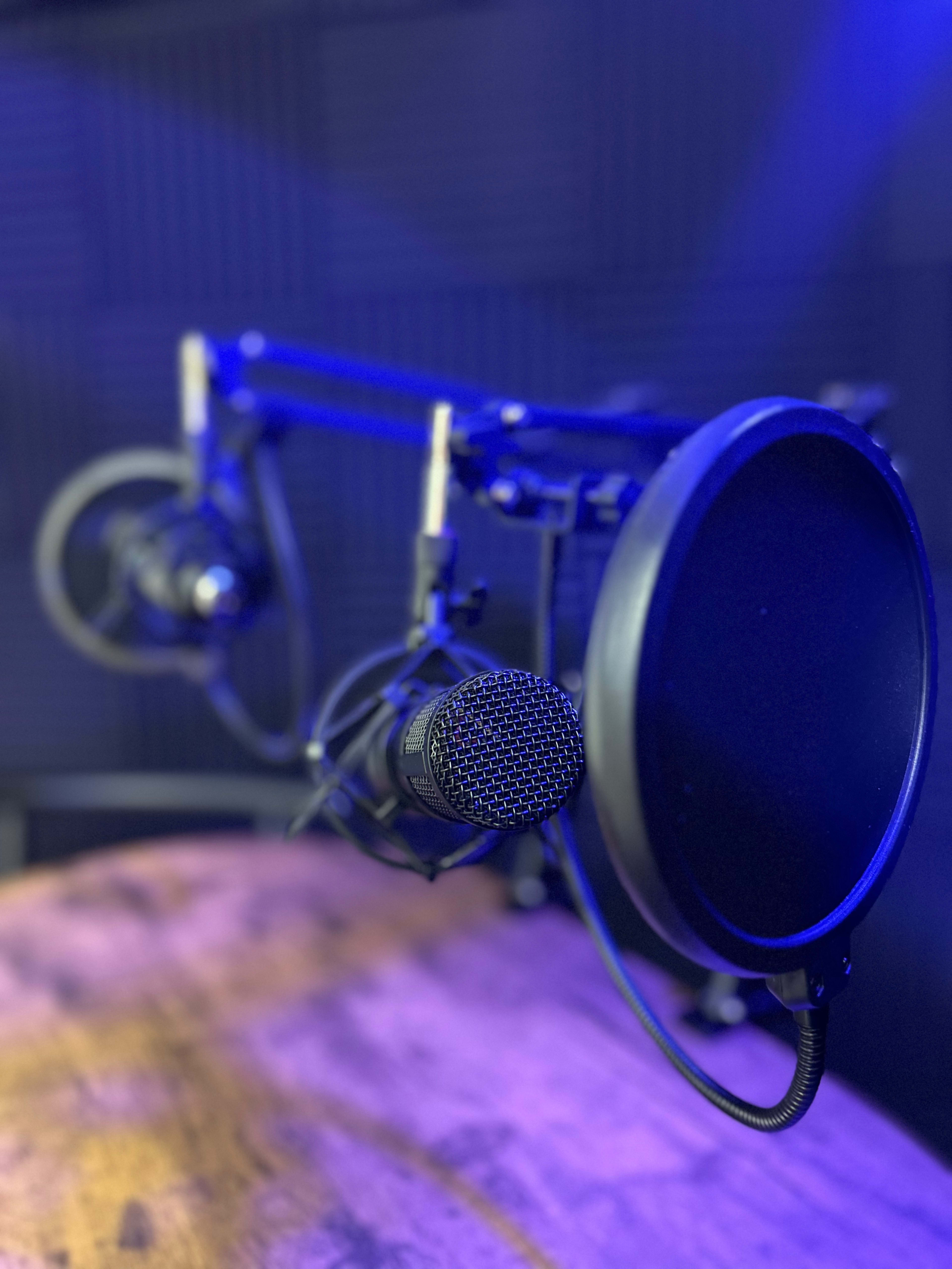 A microphone mounted on an adjustable arm in a studio setting.