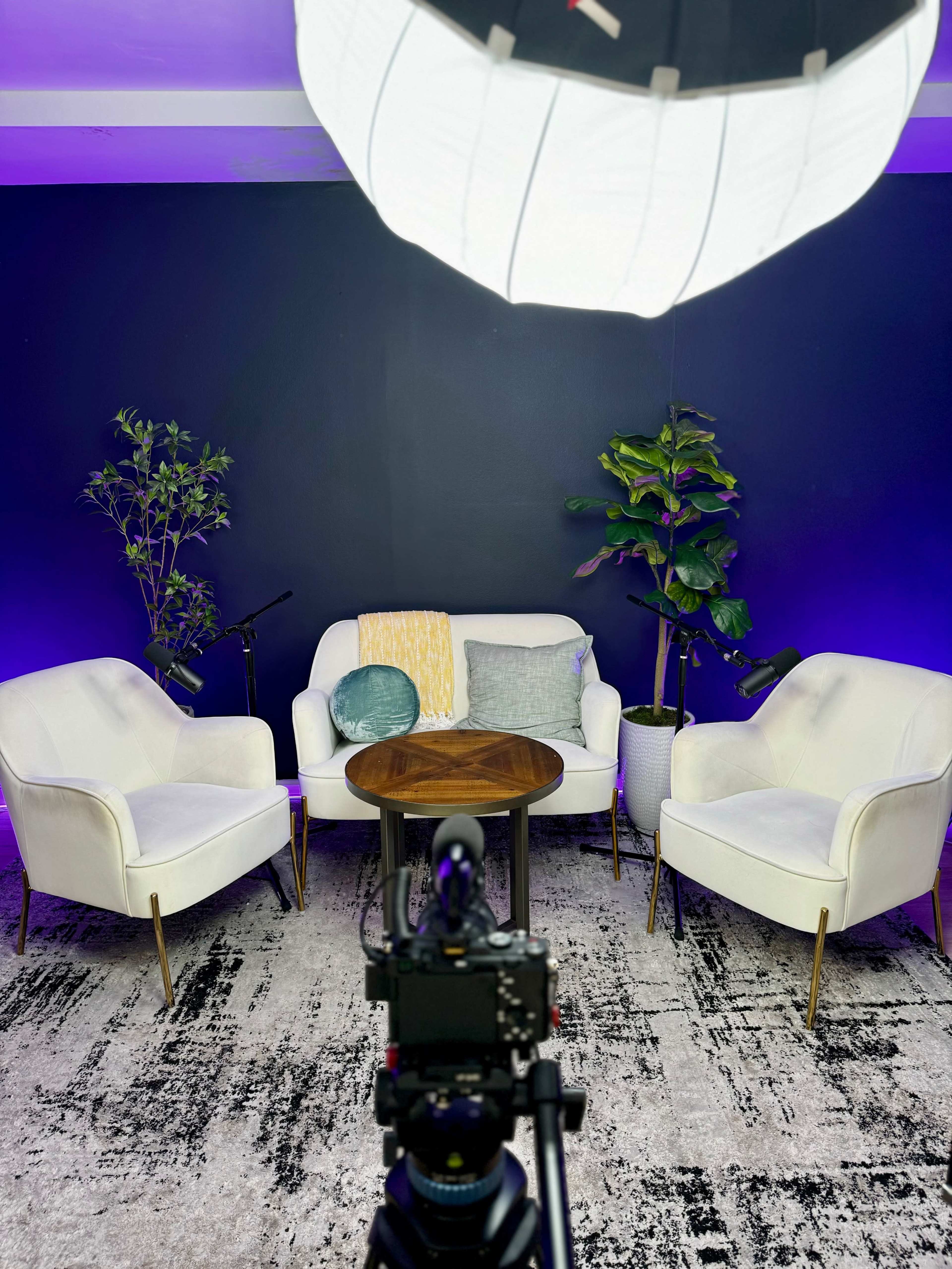 A camera is positioned facing a minimalist living room setup featuring a round wooden table and two white armchairs, surrounded by plants and illuminated by soft lighting.