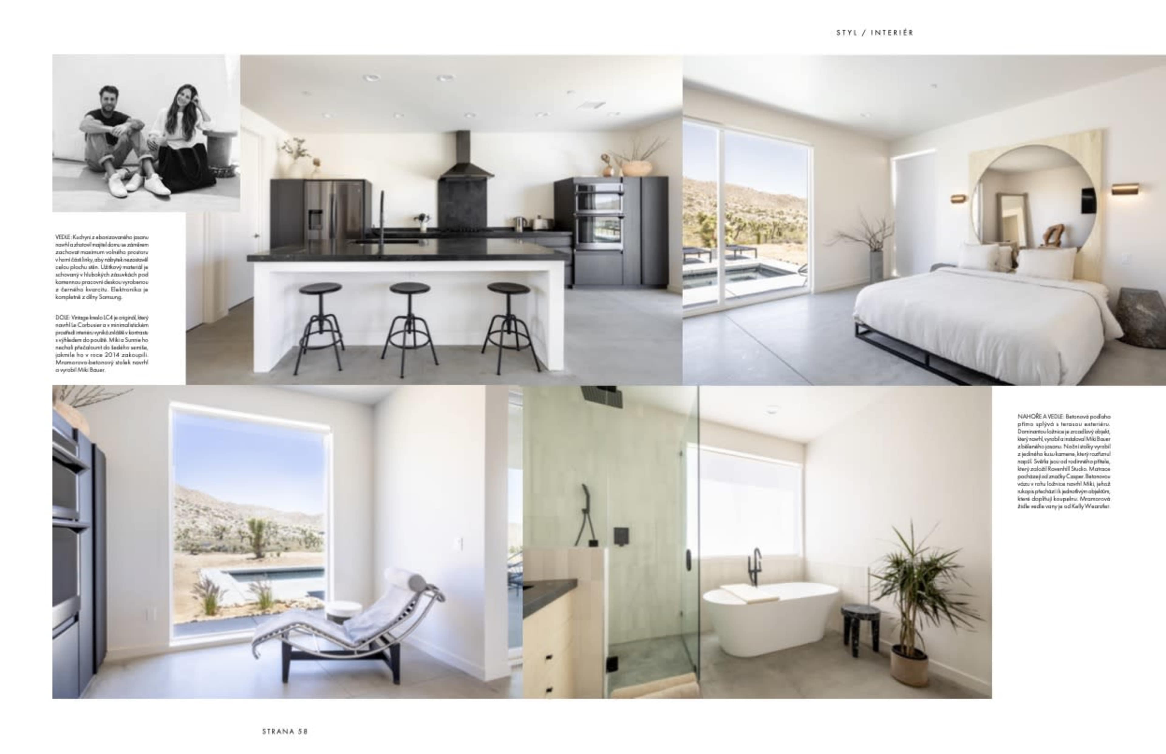 The image features a modern interior showcasing a kitchen, bedroom, and bathroom with large windows offering views of a desert landscape.