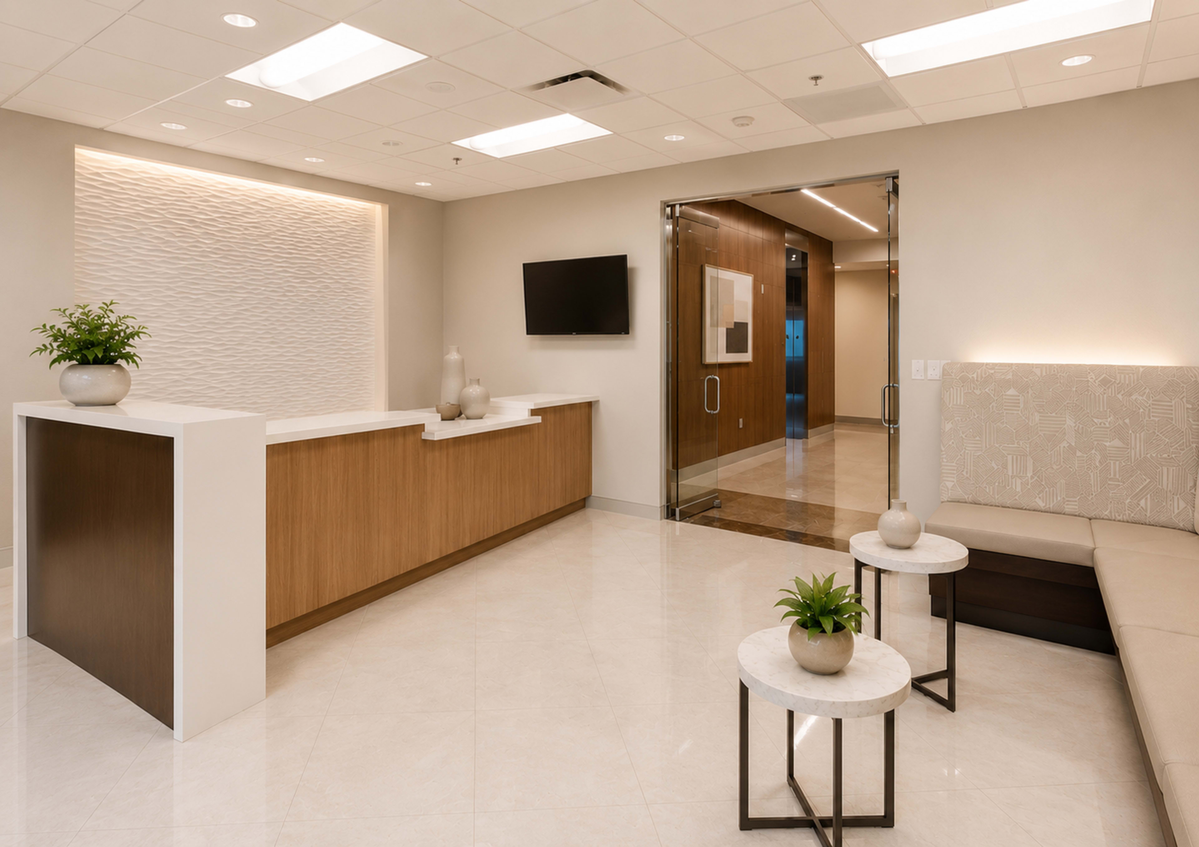 The image shows a modern reception area with a wooden front desk, a flat-screen TV on the wall, and seating along with small round tables.