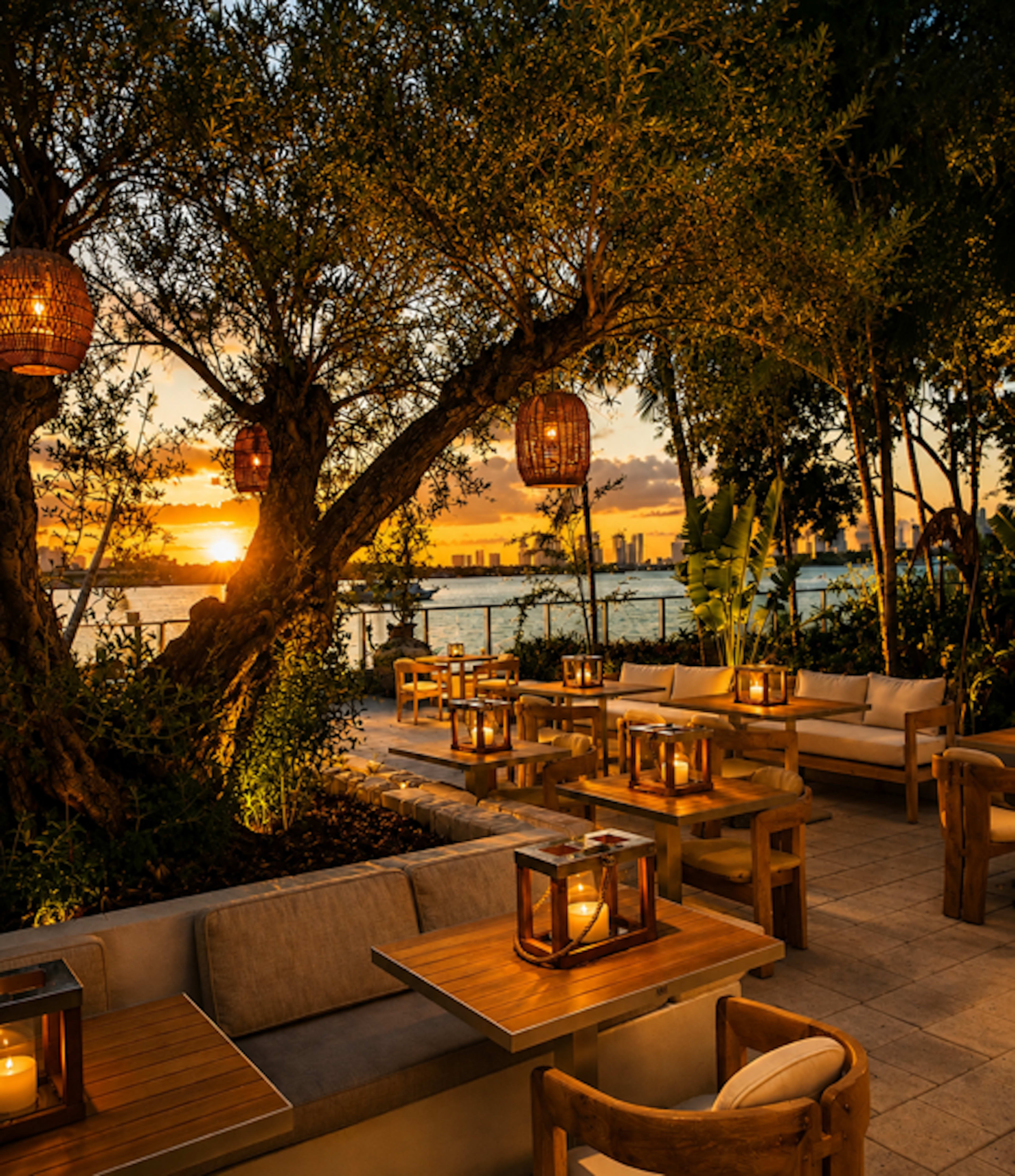 The image shows an outdoor dining area with wooden furniture, lanterns, and a view of a sunset over water, surrounded by trees.