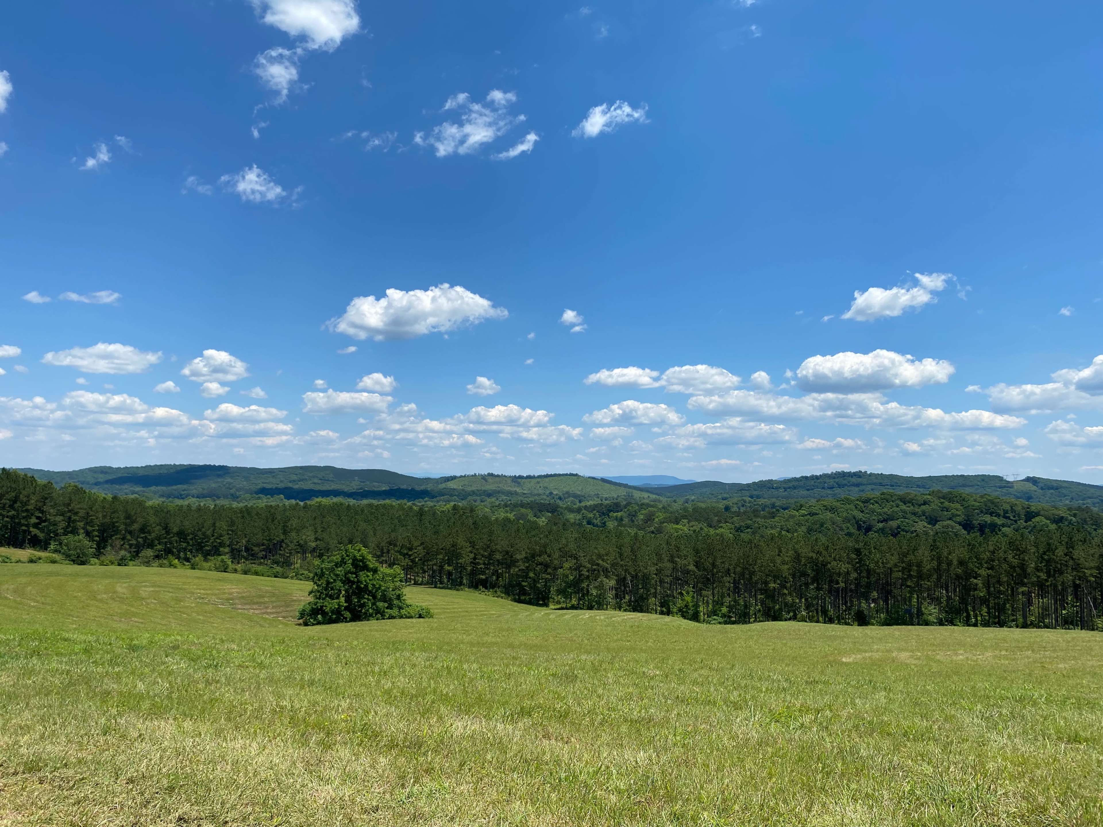 A green field stretches out under a blue sky filled with scattered clouds, bordered by rolling hills and dense forests.
