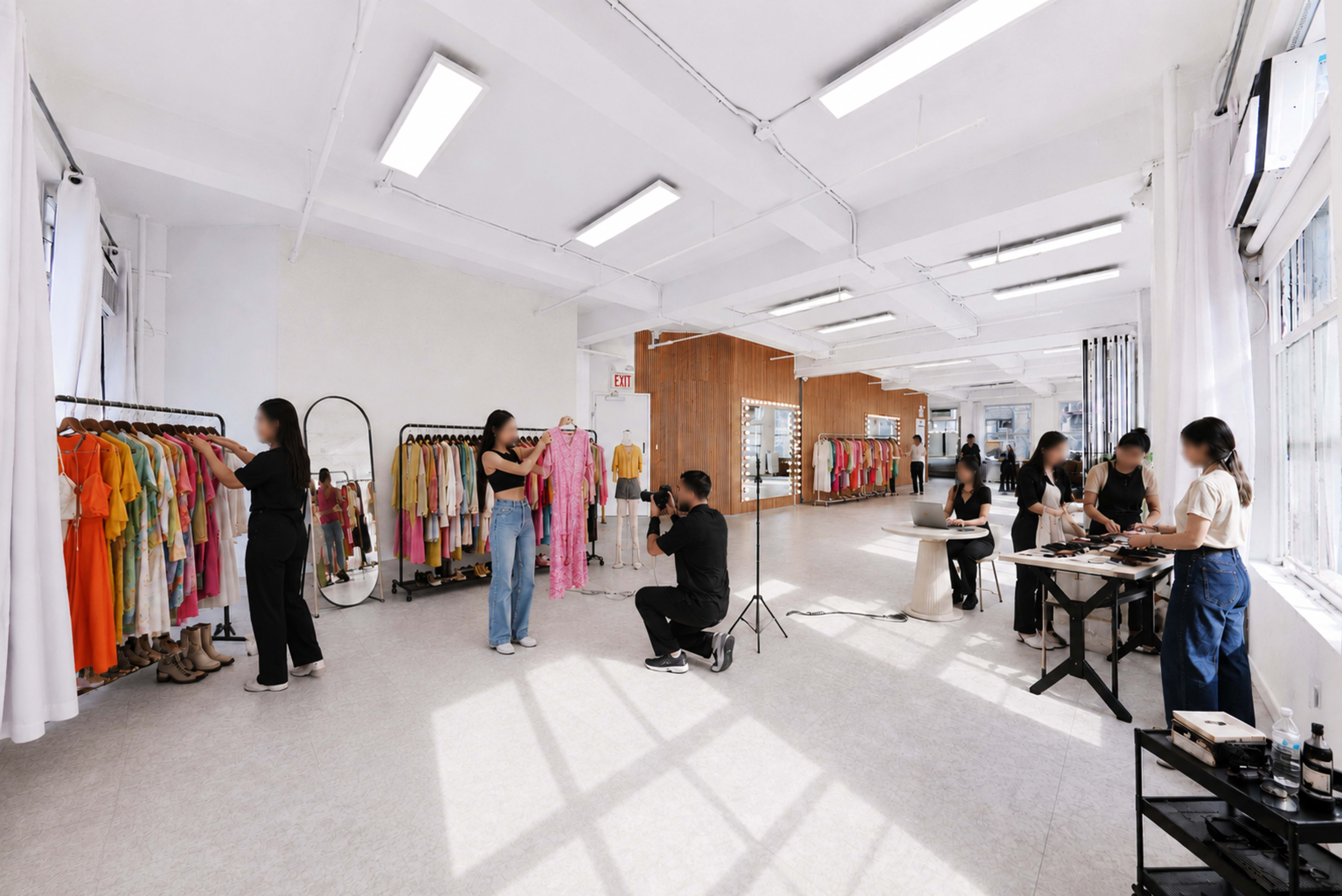 The image shows a bright clothing studio with several people engaged in fitting garments and preparing outfits, surrounded by racks of colorful clothes.