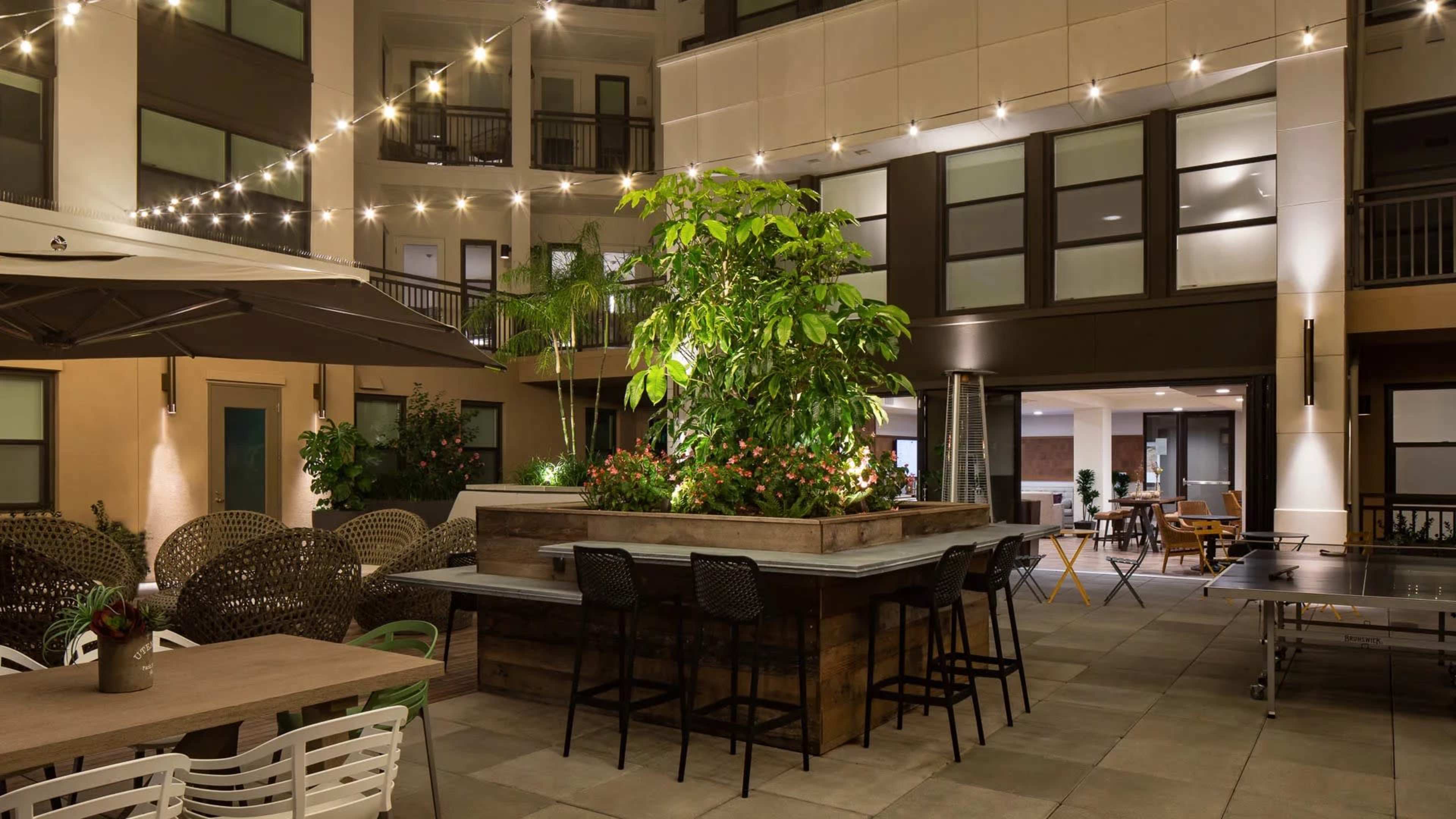 A modern outdoor courtyard featuring a landscaped garden with a large plant, surrounded by seating areas, string lights, and a ping pong table.