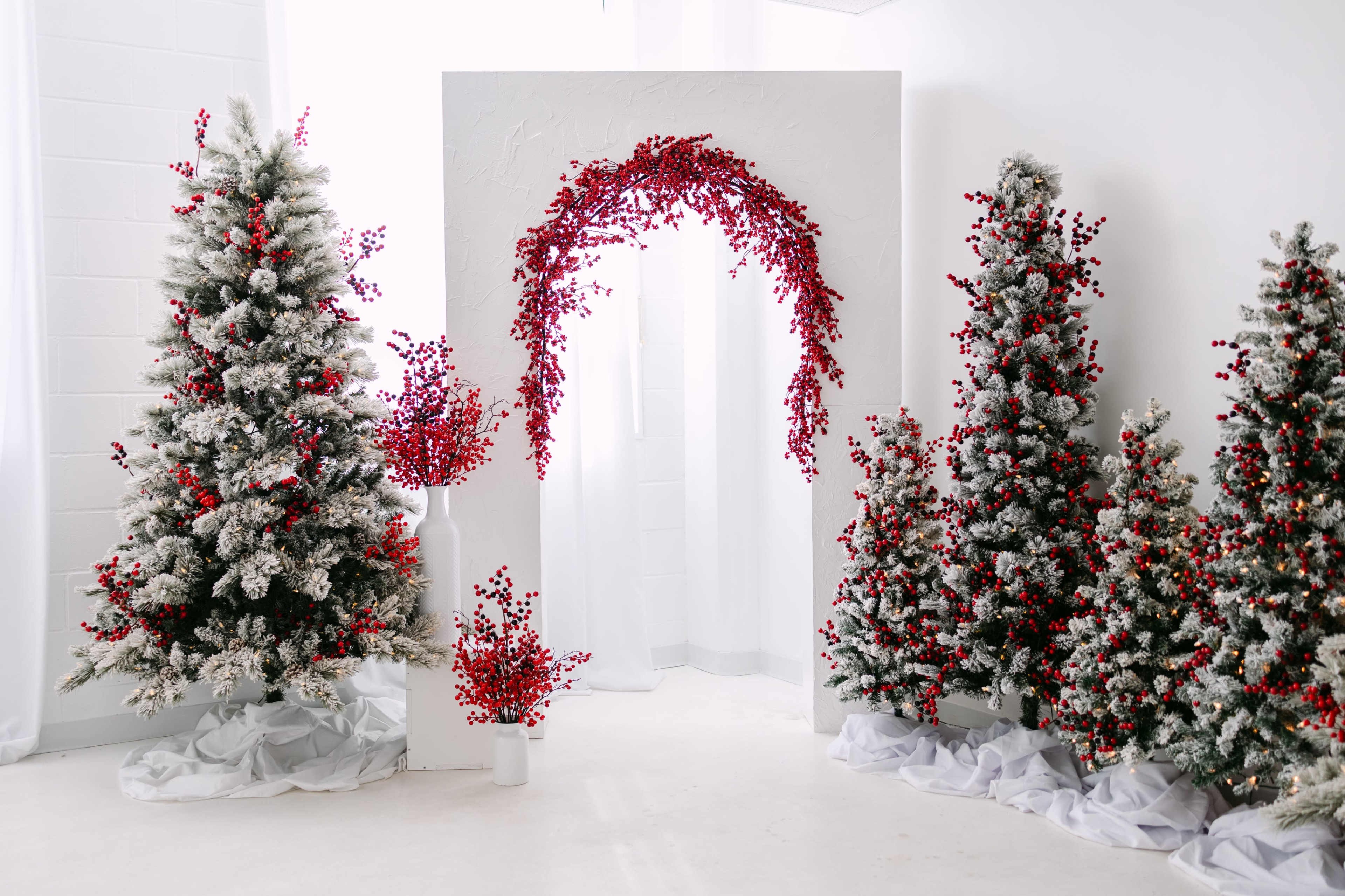 The scene features a white arch adorned with red berries, surrounded by three snow-dusted Christmas trees on either side.