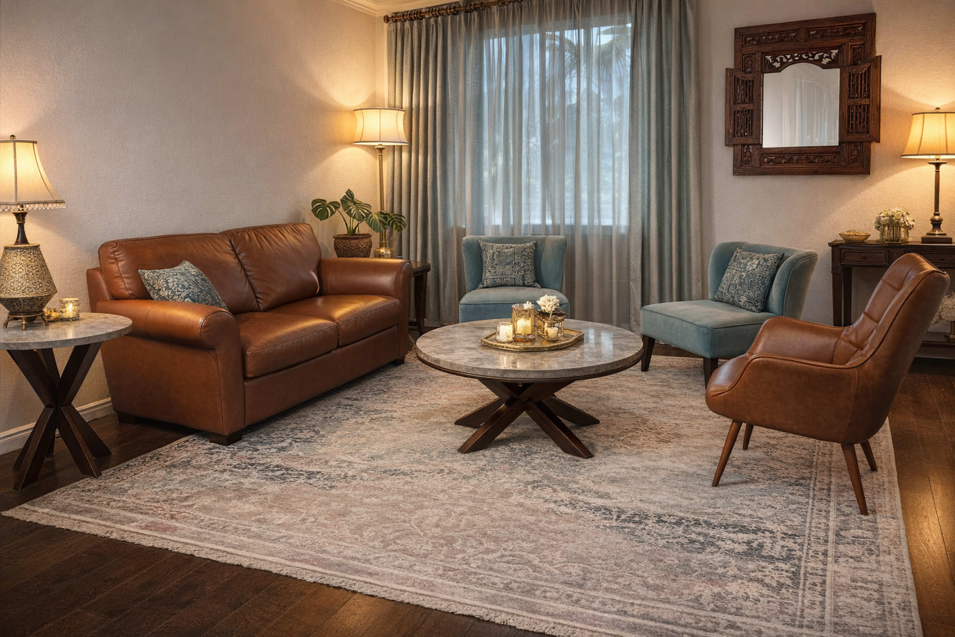 The image shows a cozy living room featuring brown leather furniture, light blue upholstered chairs, a coffee table with candles, and large windows with sheer curtains.