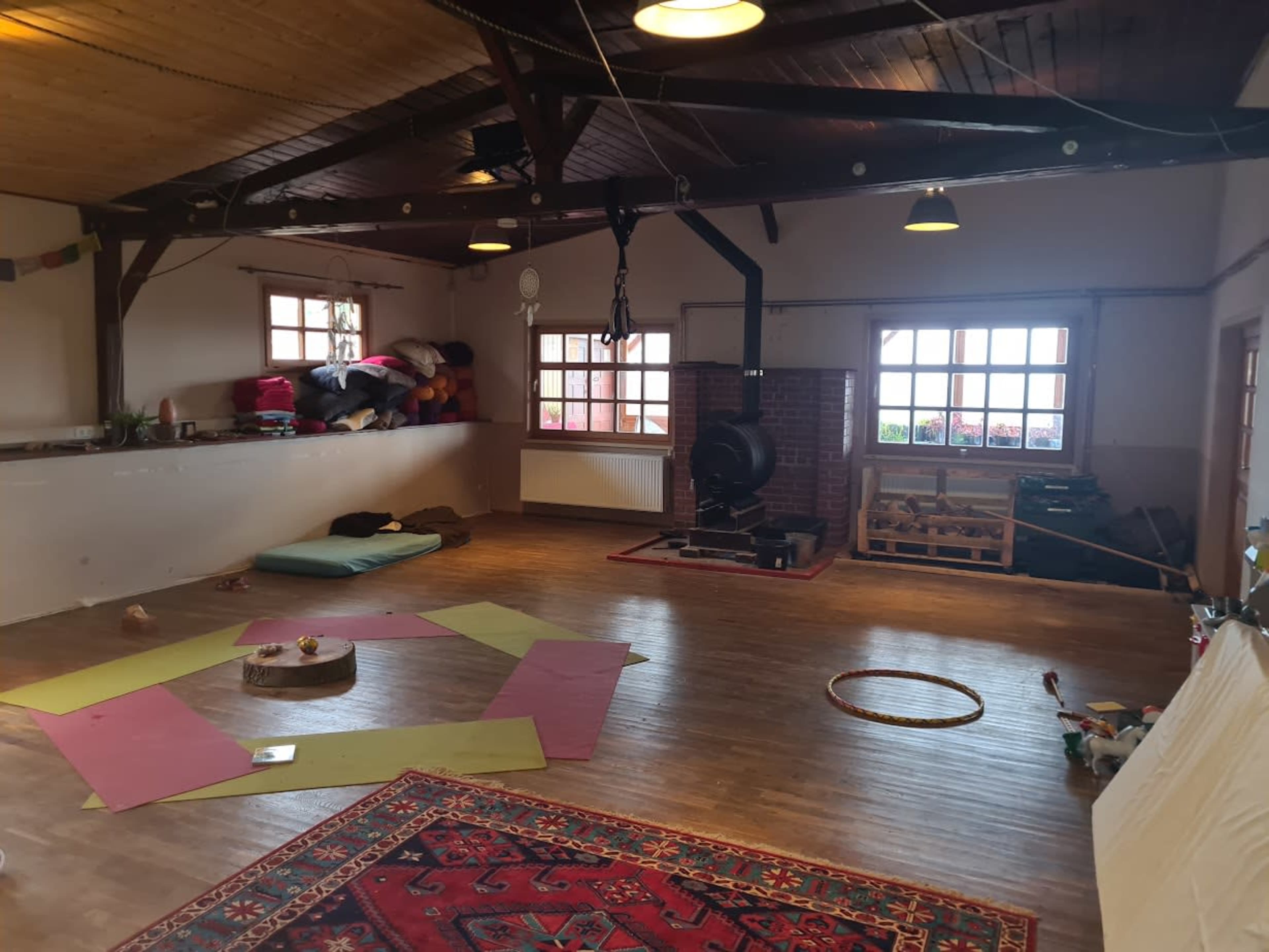 The image shows a spacious, well-lit room with wooden flooring, featuring mats, a colorful rug, exercise equipment, and large windows.
