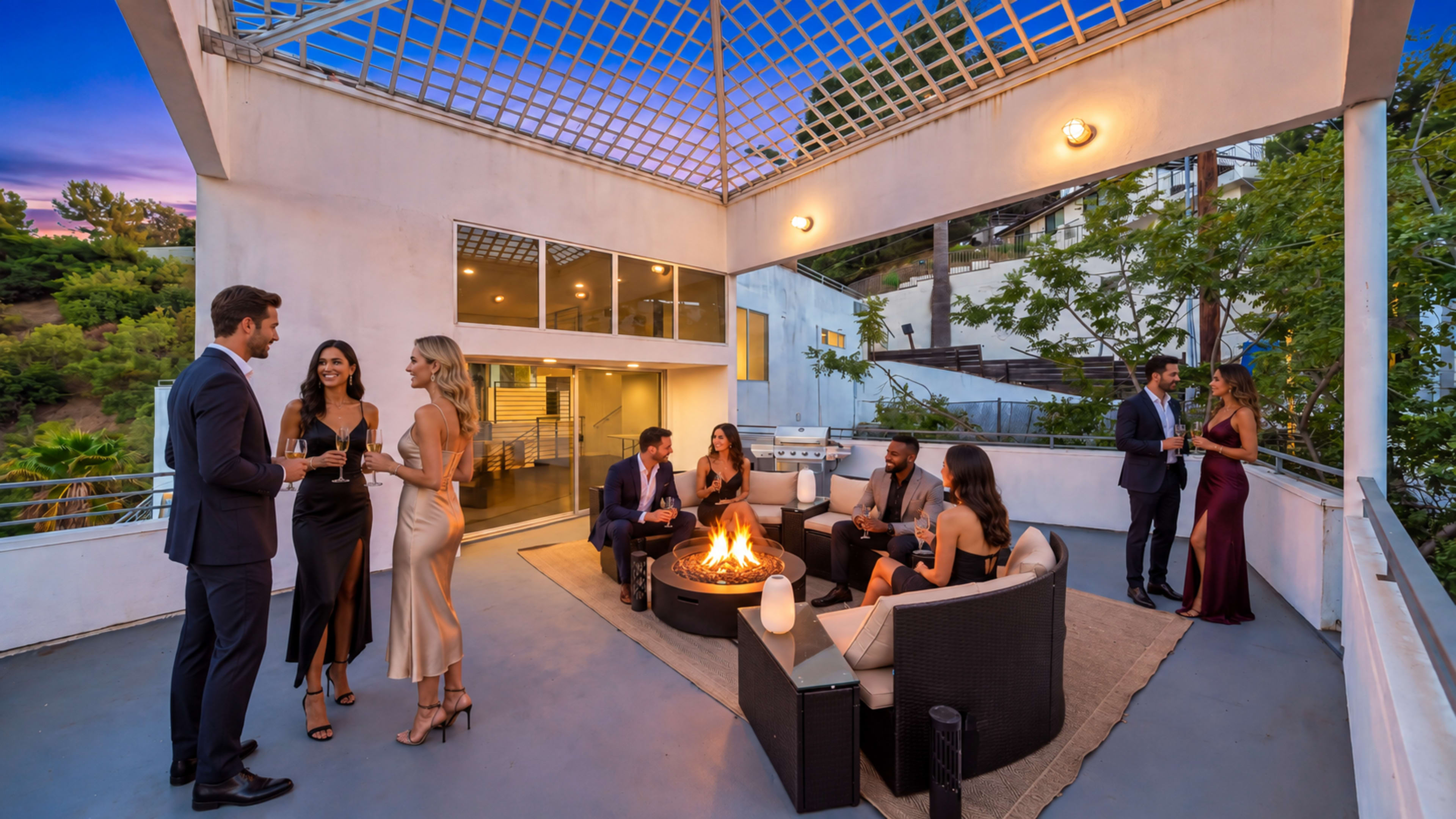A group of people socializes around a fire pit on a modern outdoor patio, with a view of greenery and a colorful sunset in the background.