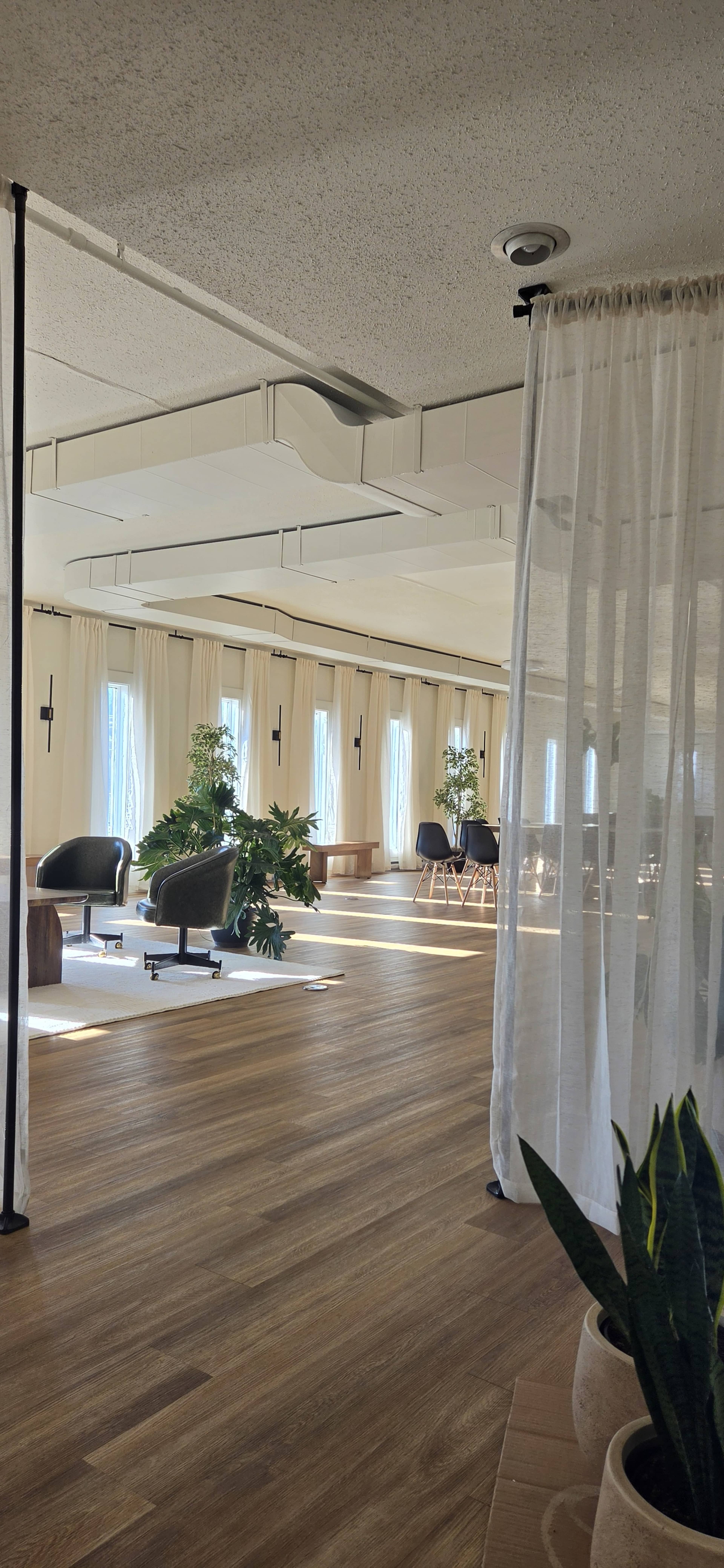 The image shows a spacious interior with wooden floors, large windows, and a mix of seating areas, including chairs and plants, separated by sheer curtains.