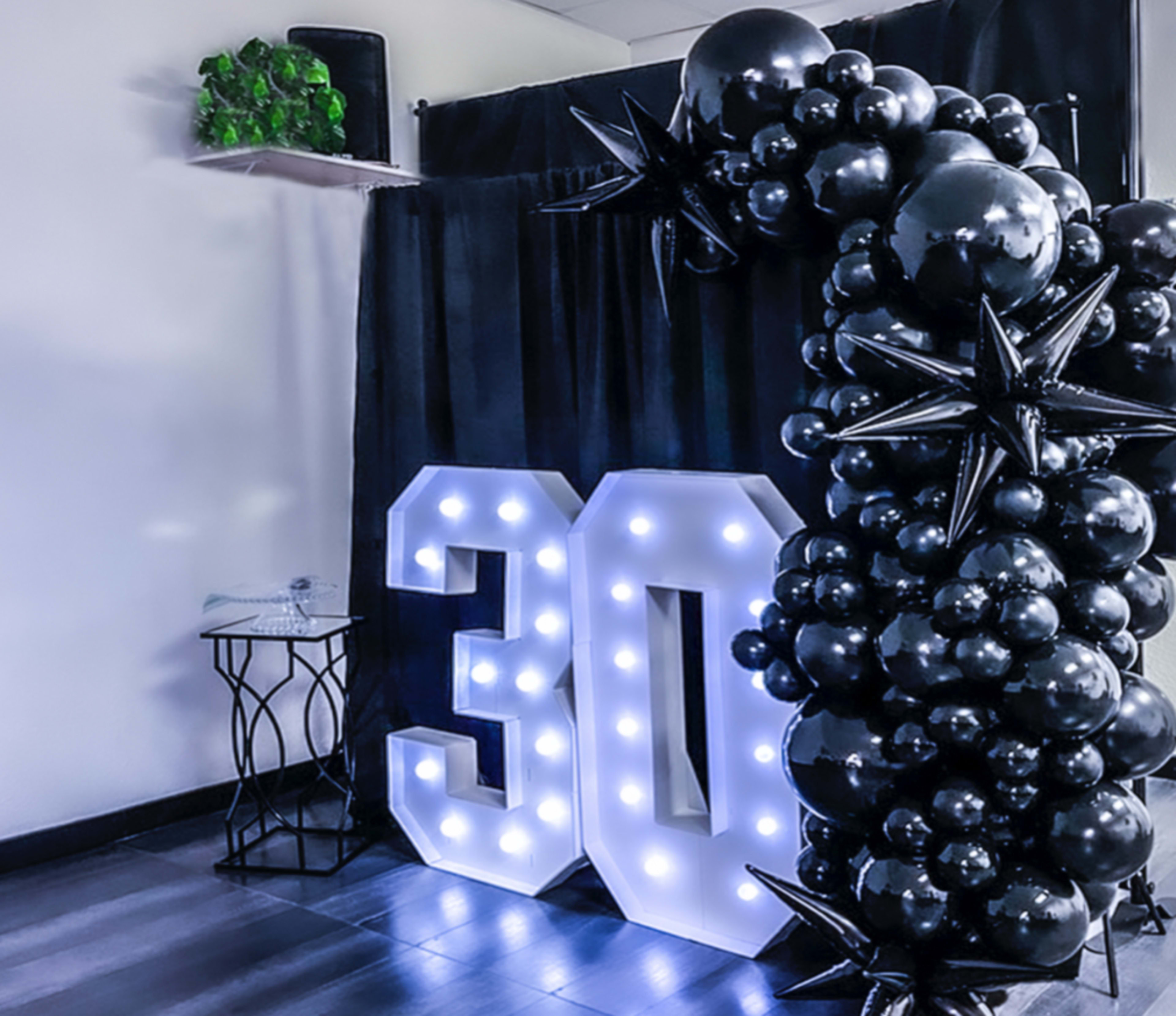The image features a decorative arrangement for a 30th birthday celebration, including large illuminated numbers "30," black balloons, and a backdrop with star accents.