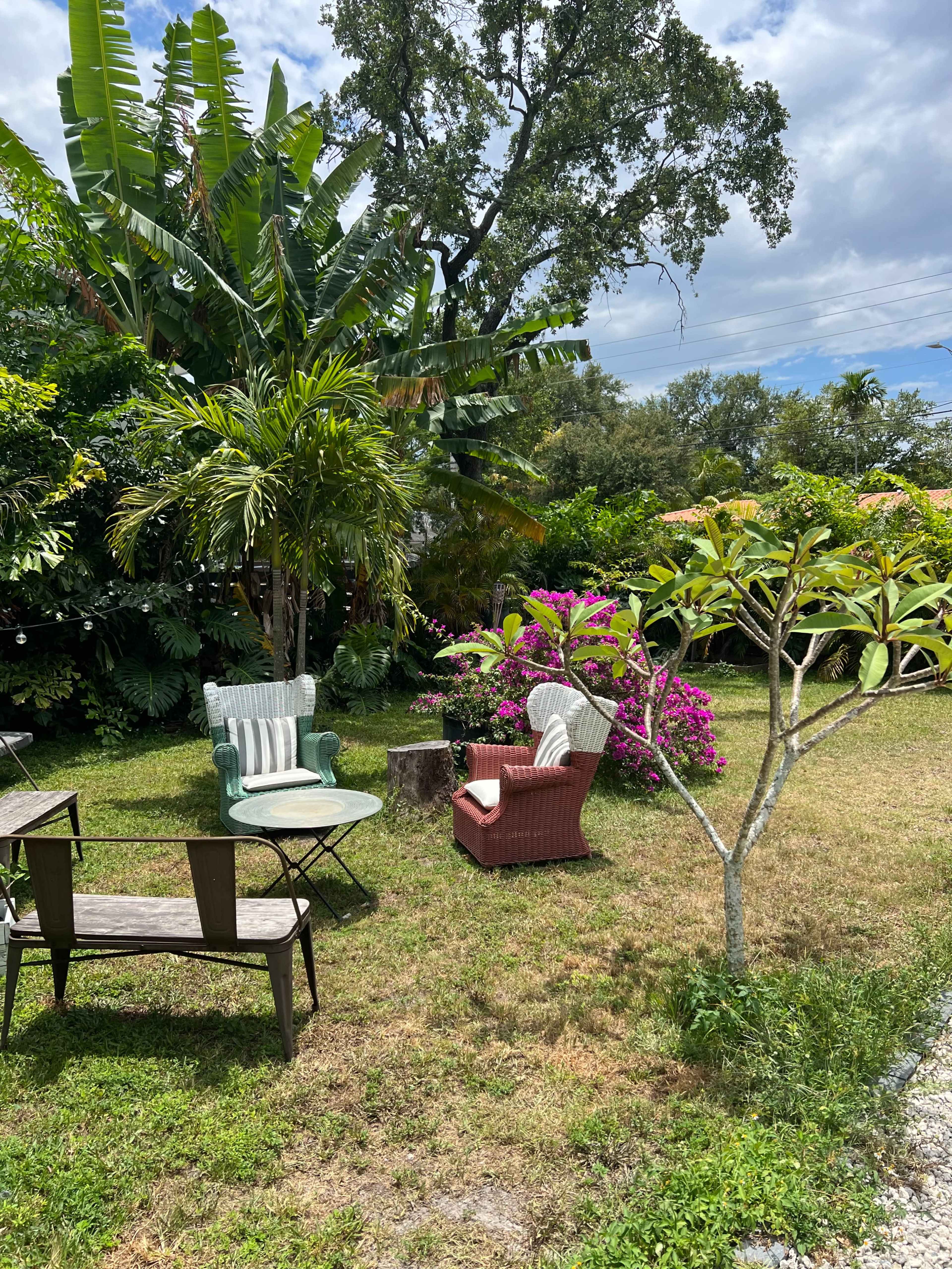 The scene shows a grassy outdoor area with a small circular table and various chairs surrounded by tropical plants and flowering bushes.