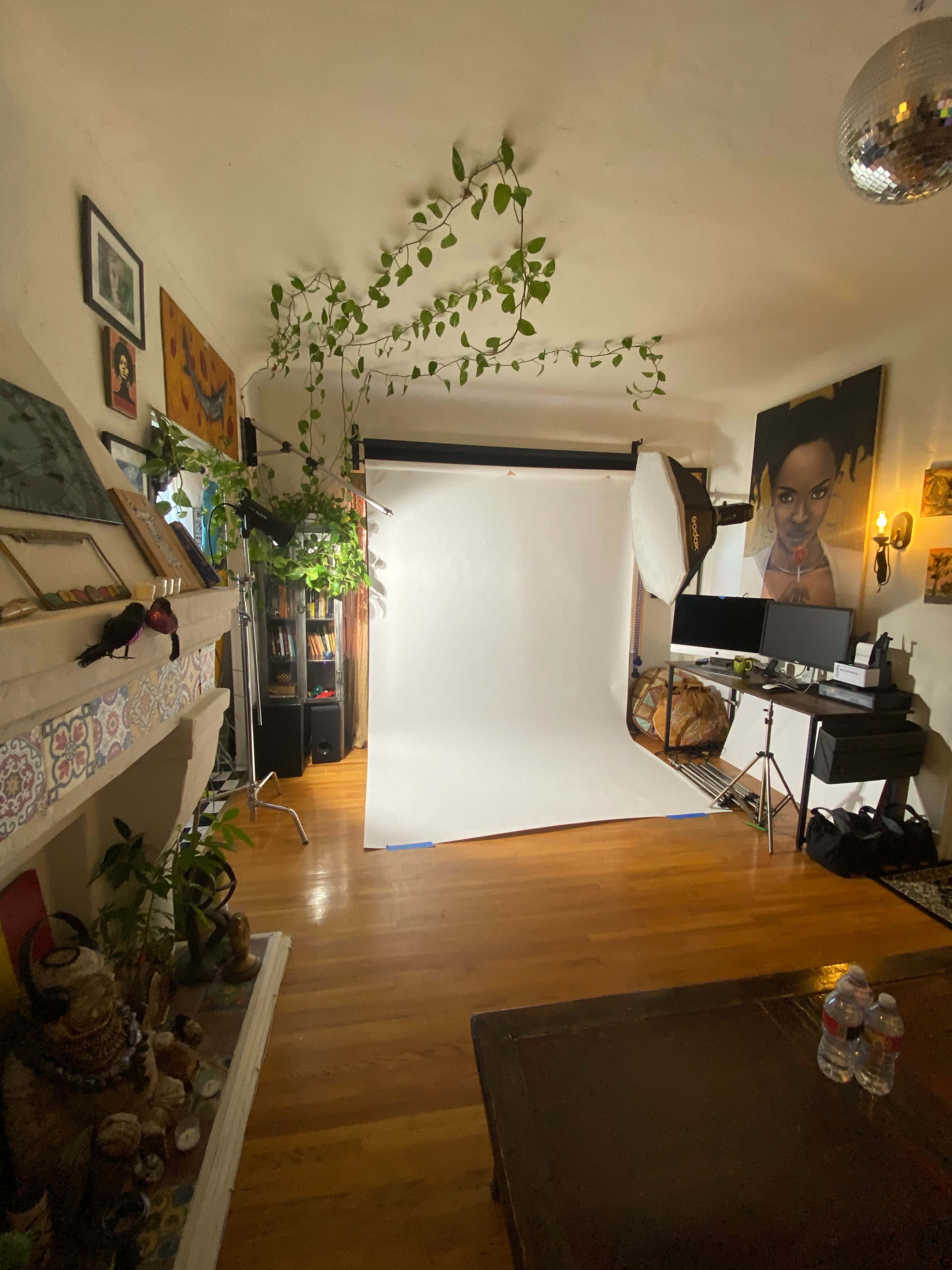 The room features a photography backdrop with studio lighting set up, surrounded by plants and artwork.