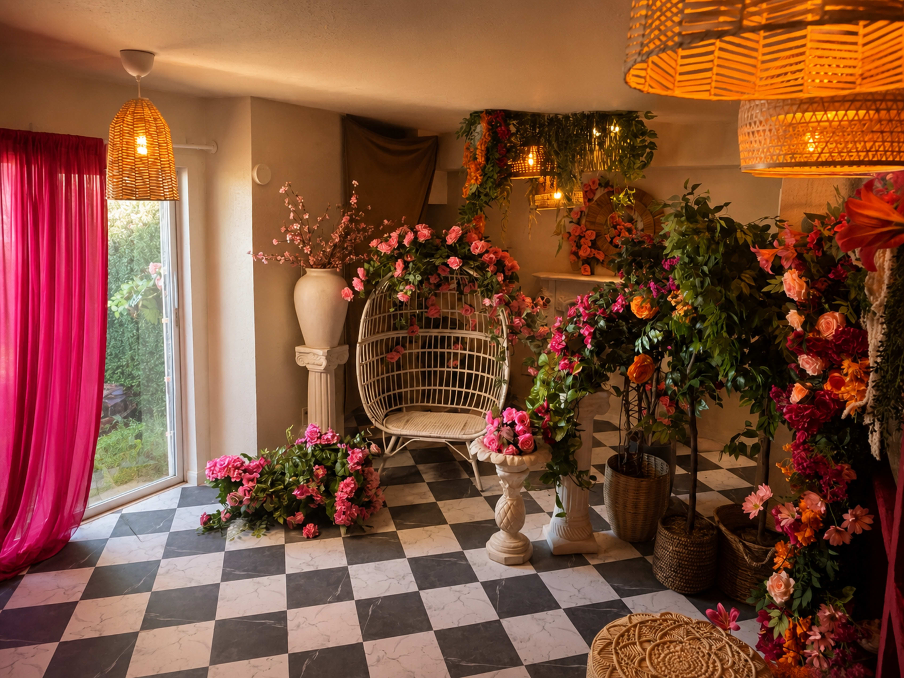 The scene depicts a beautifully arranged indoor space with floral decorations, featuring a white wicker swing, patterned black-and-white tiled flooring, and natural light streaming in through a large window.