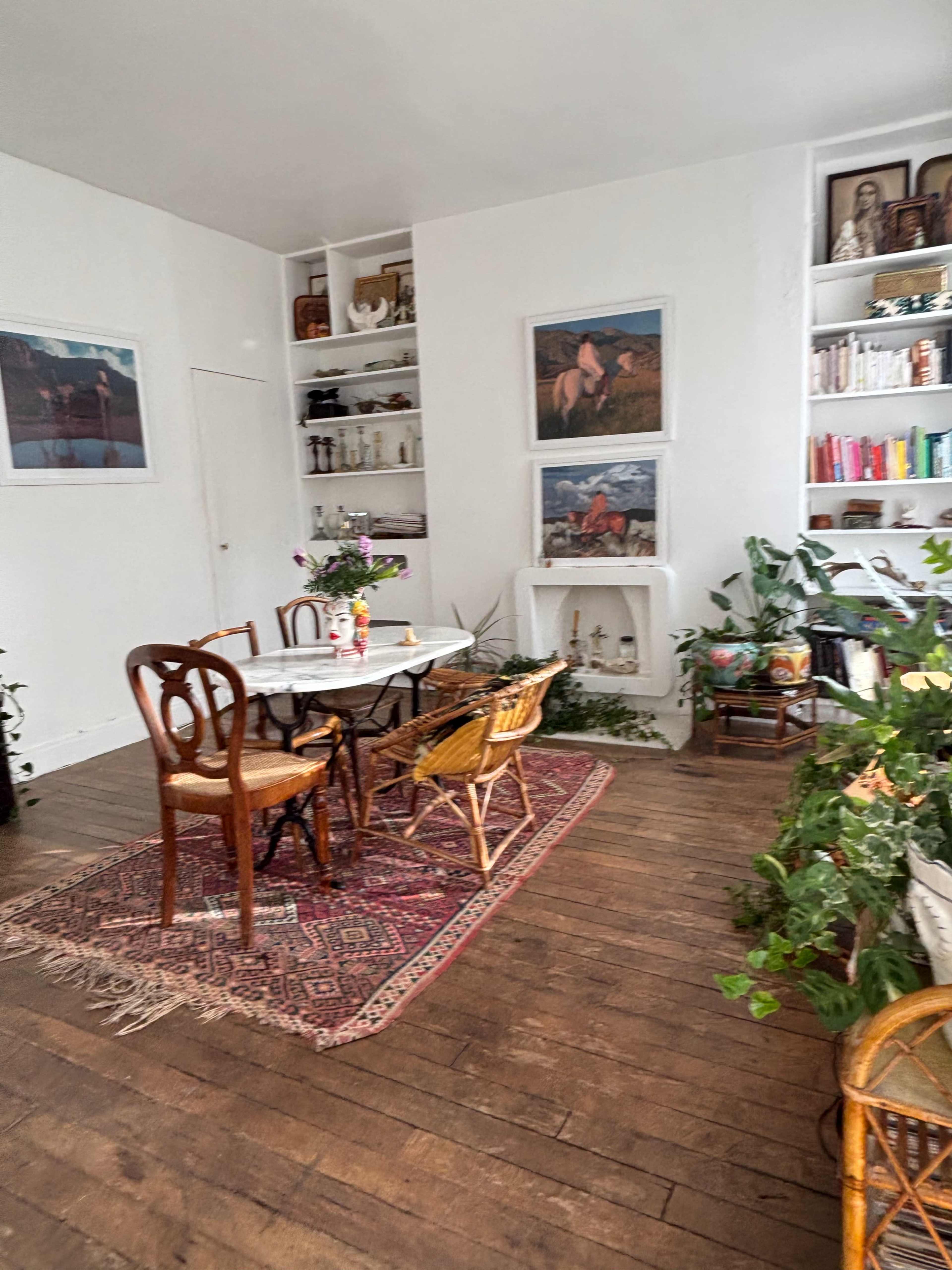 A cozy dining area features a wooden table surrounded by chairs, with shelves displaying various decorative items and plants, and a colorful rug on the hardwood floor.