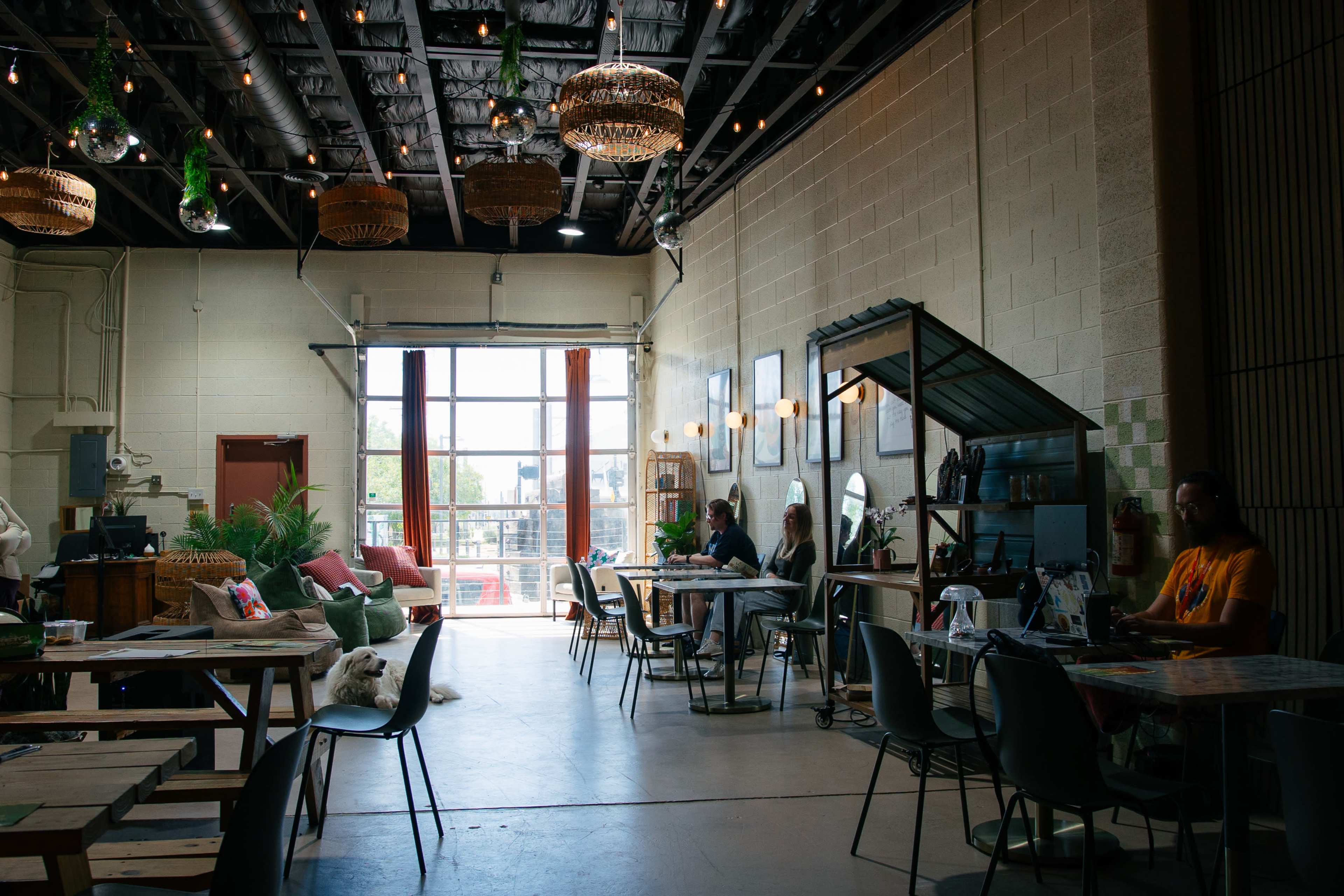 The image shows an indoor café with a mix of seating arrangements, large windows allowing natural light, and decorative hanging fixtures.