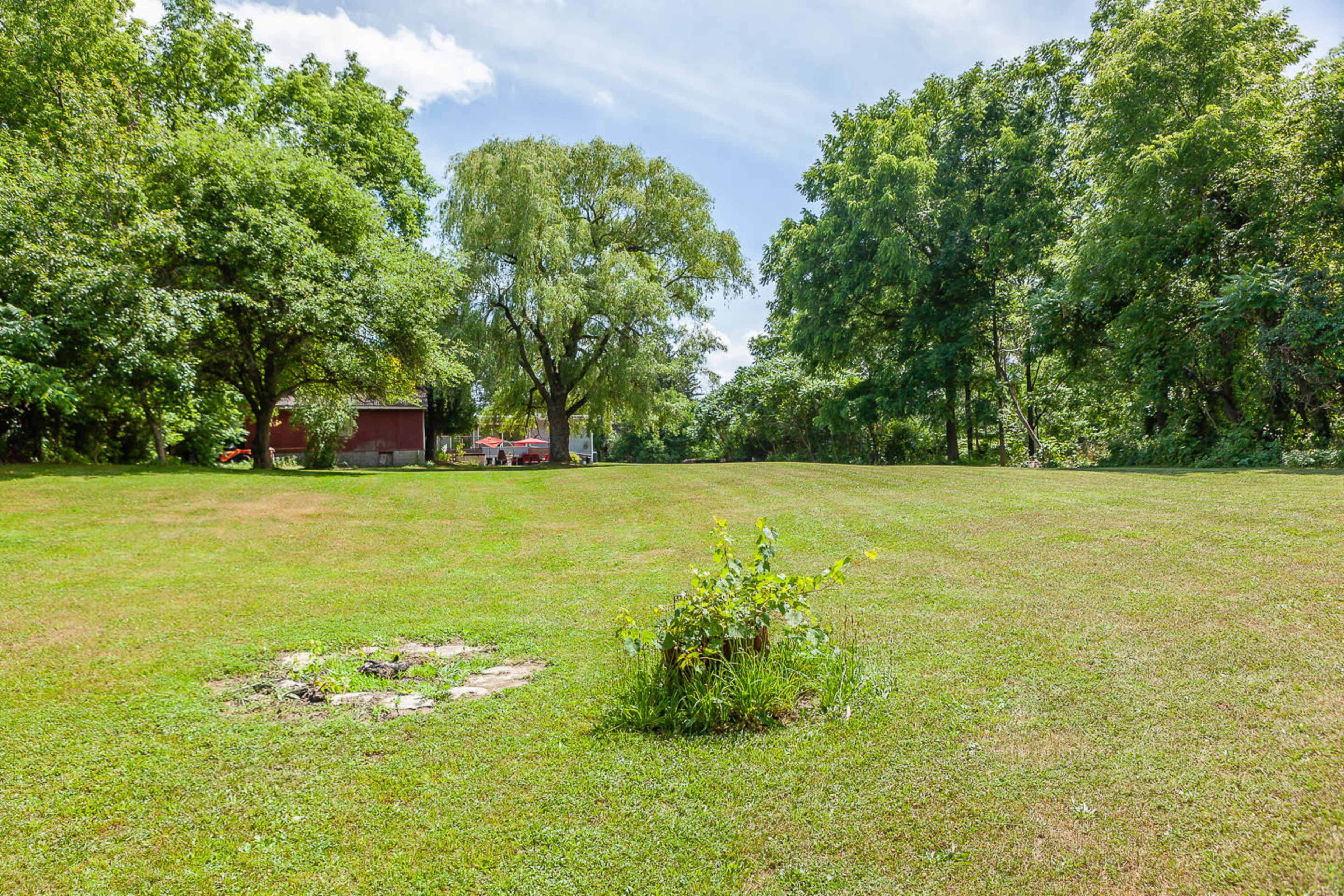 The image shows a grassy field surrounded by trees, with a small fire pit in the foreground and a building partially visible in the distance.