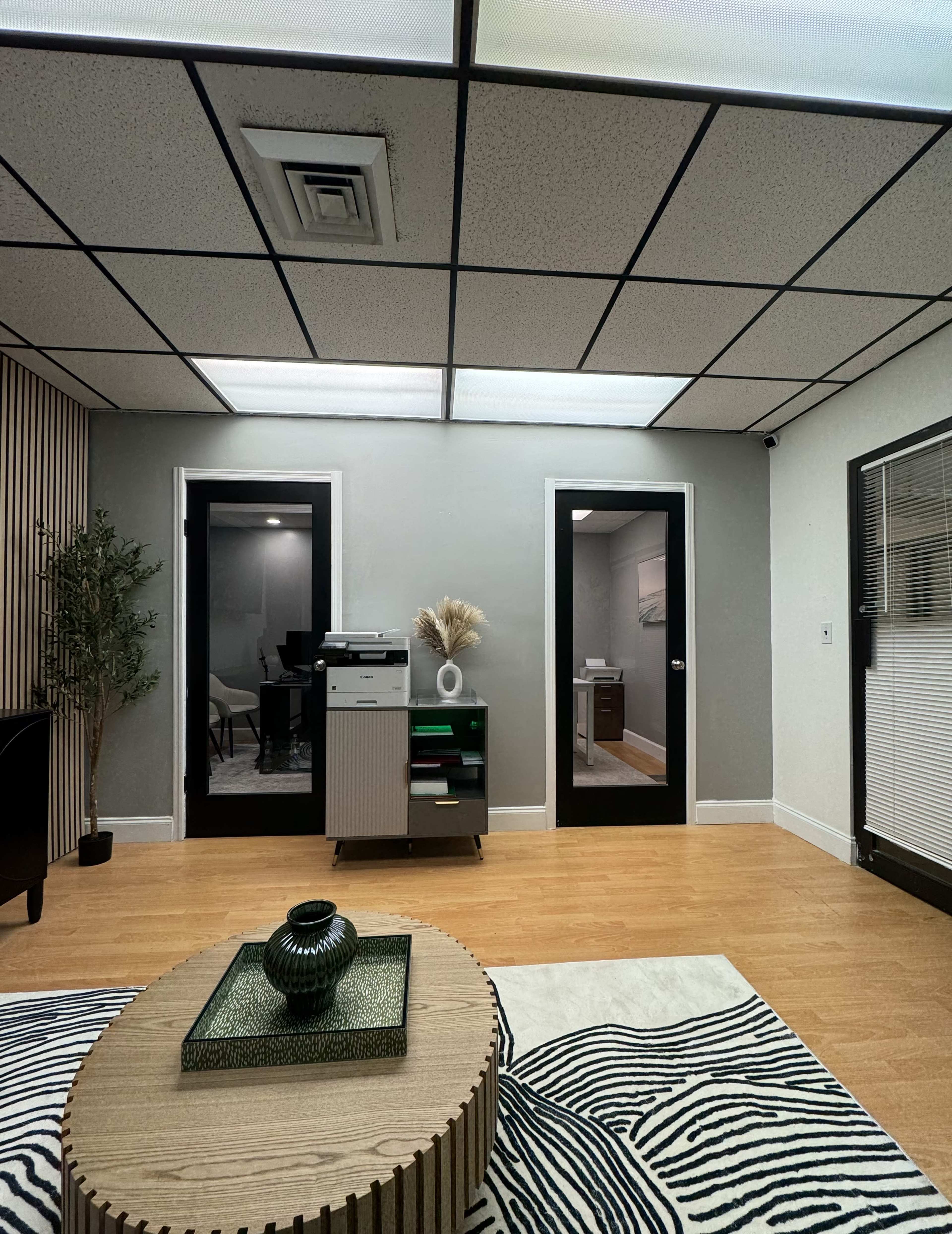 The image shows a modern office space featuring two black-framed doors, a printer stand, and a patterned rug on a wooden floor.
