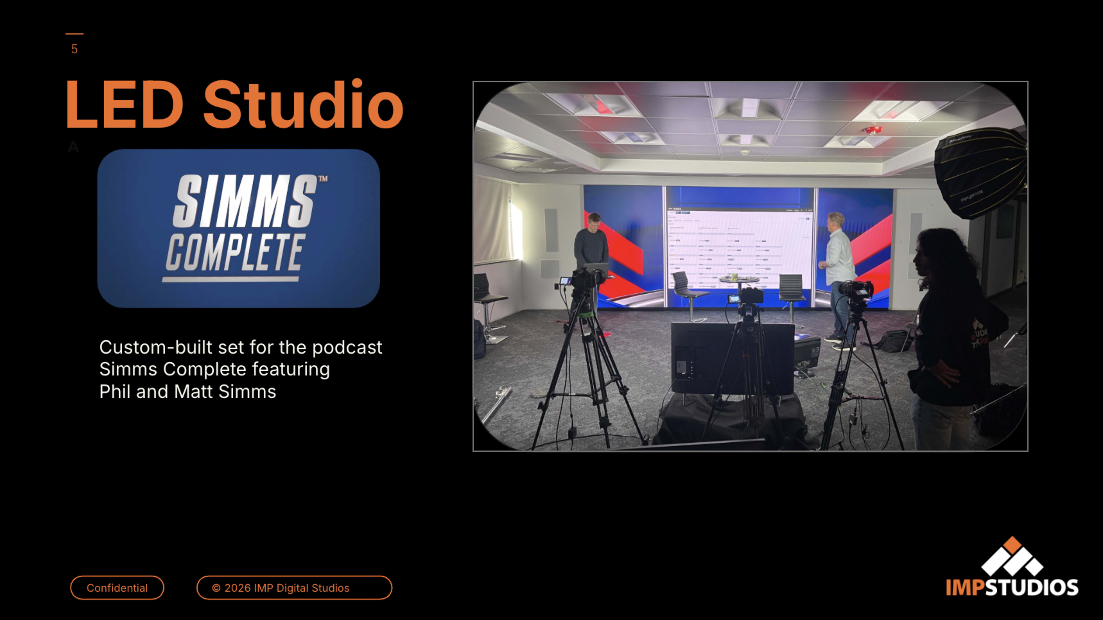 The image shows a custom-built podcast set labeled "SIMMS COMPLETE," featuring two individuals standing in front of a large screen with various graphics, and cameras positioned around the room.