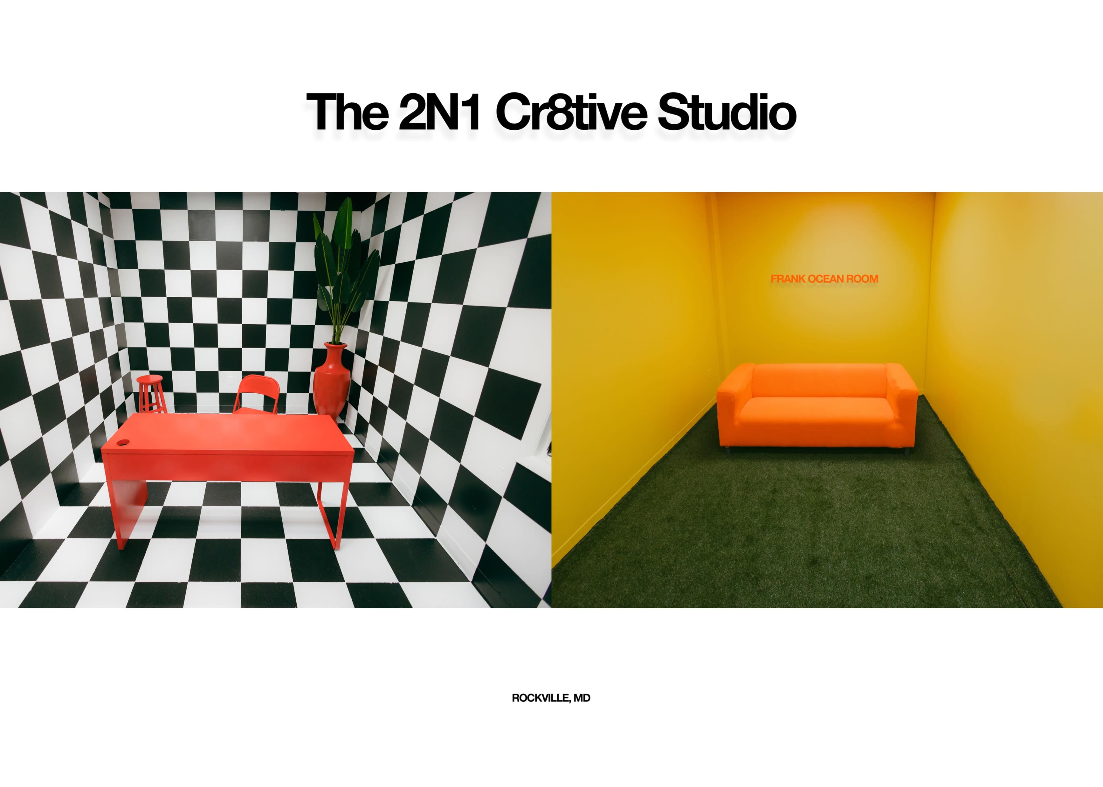 Two contrasting rooms: one with a black-and-white checkered pattern and a red desk and chair, and the other in a solid yellow with an orange couch, labeled "FRANK OCEAN ROOM."