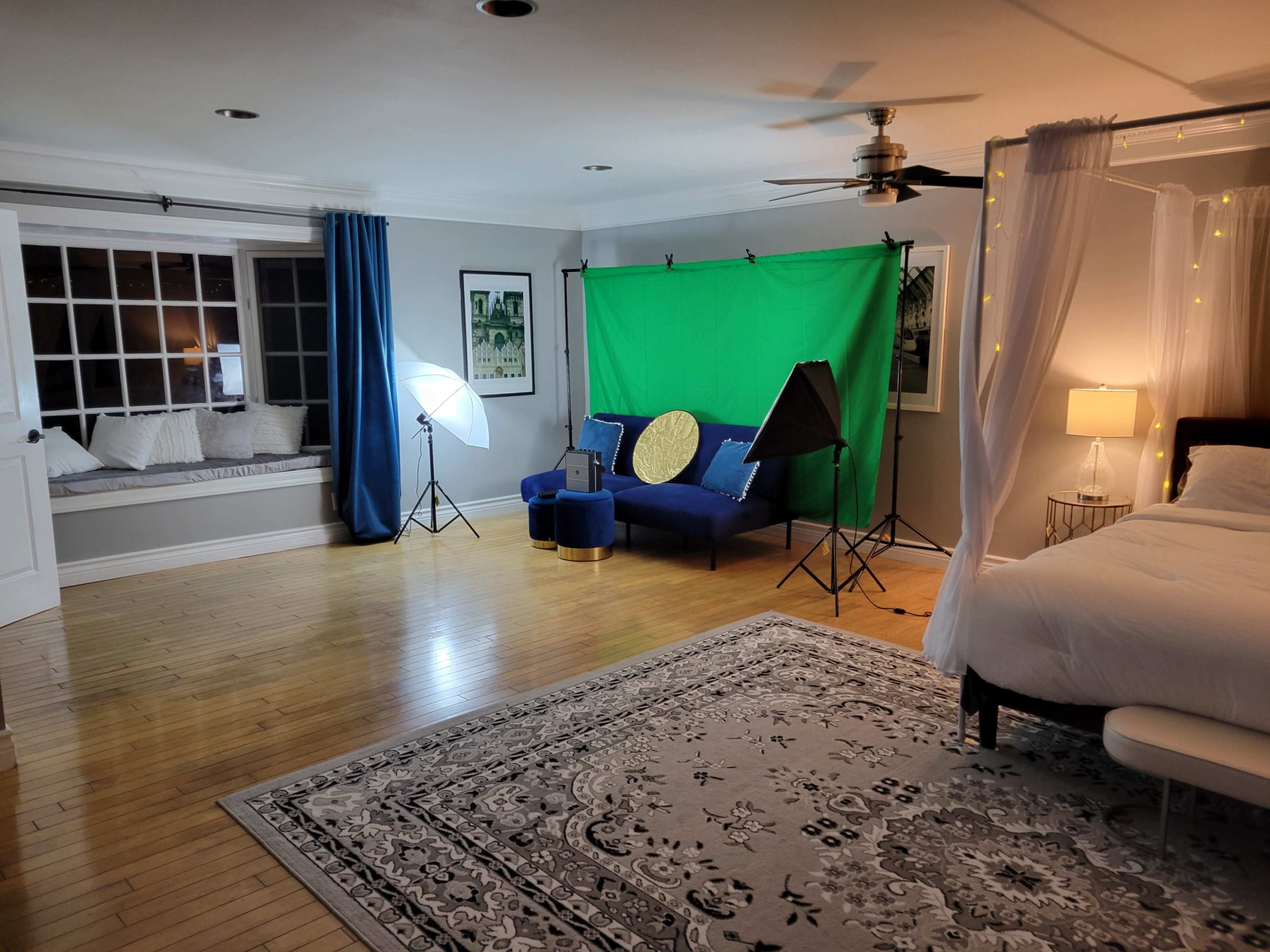 The room features a blue sofa with decorative pillows, a green backdrop for photography, and a bed, all arranged around wooden flooring.