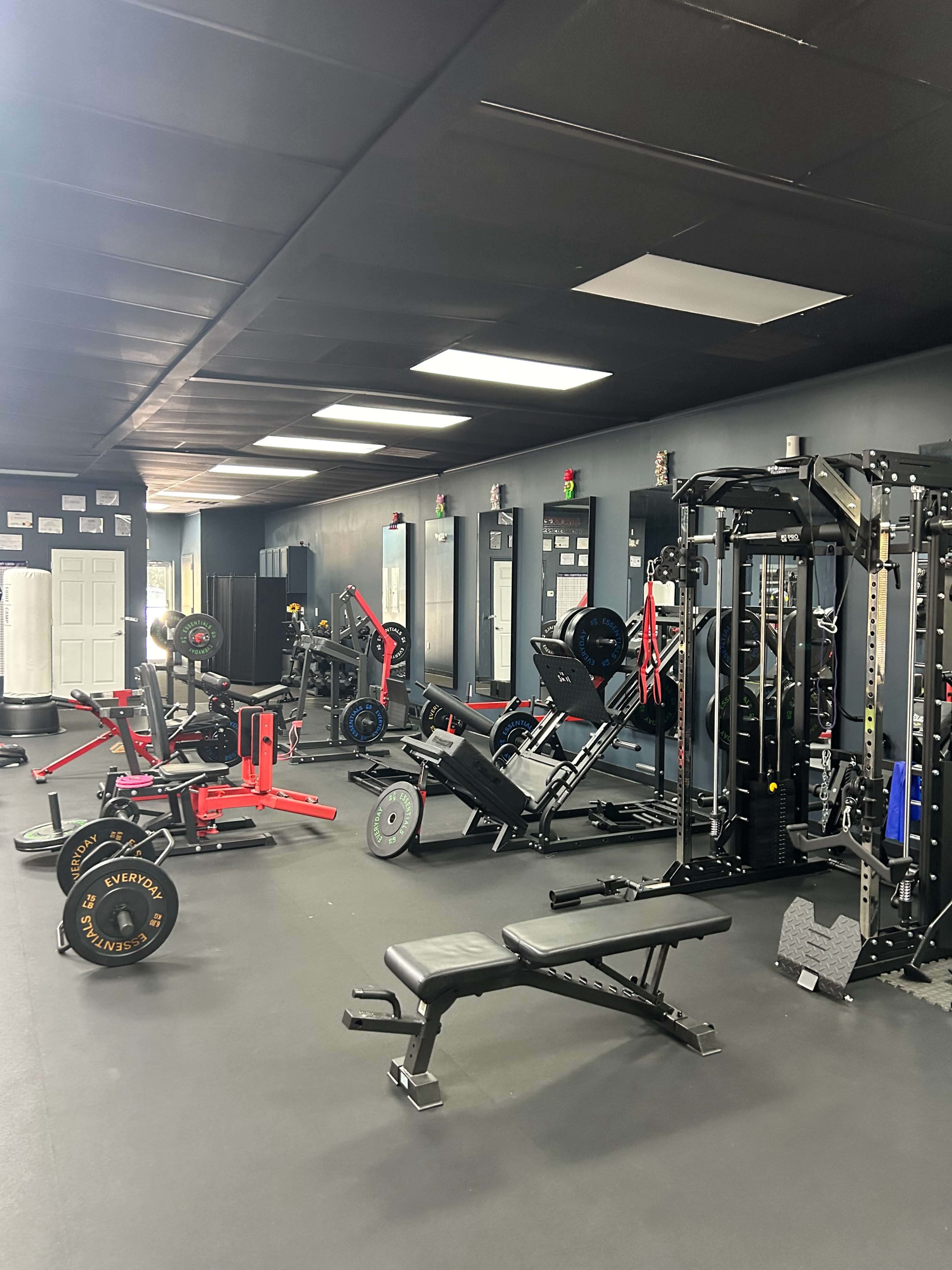 A well-equipped gym with various weightlifting machines and free weights arranged in a spacious area.