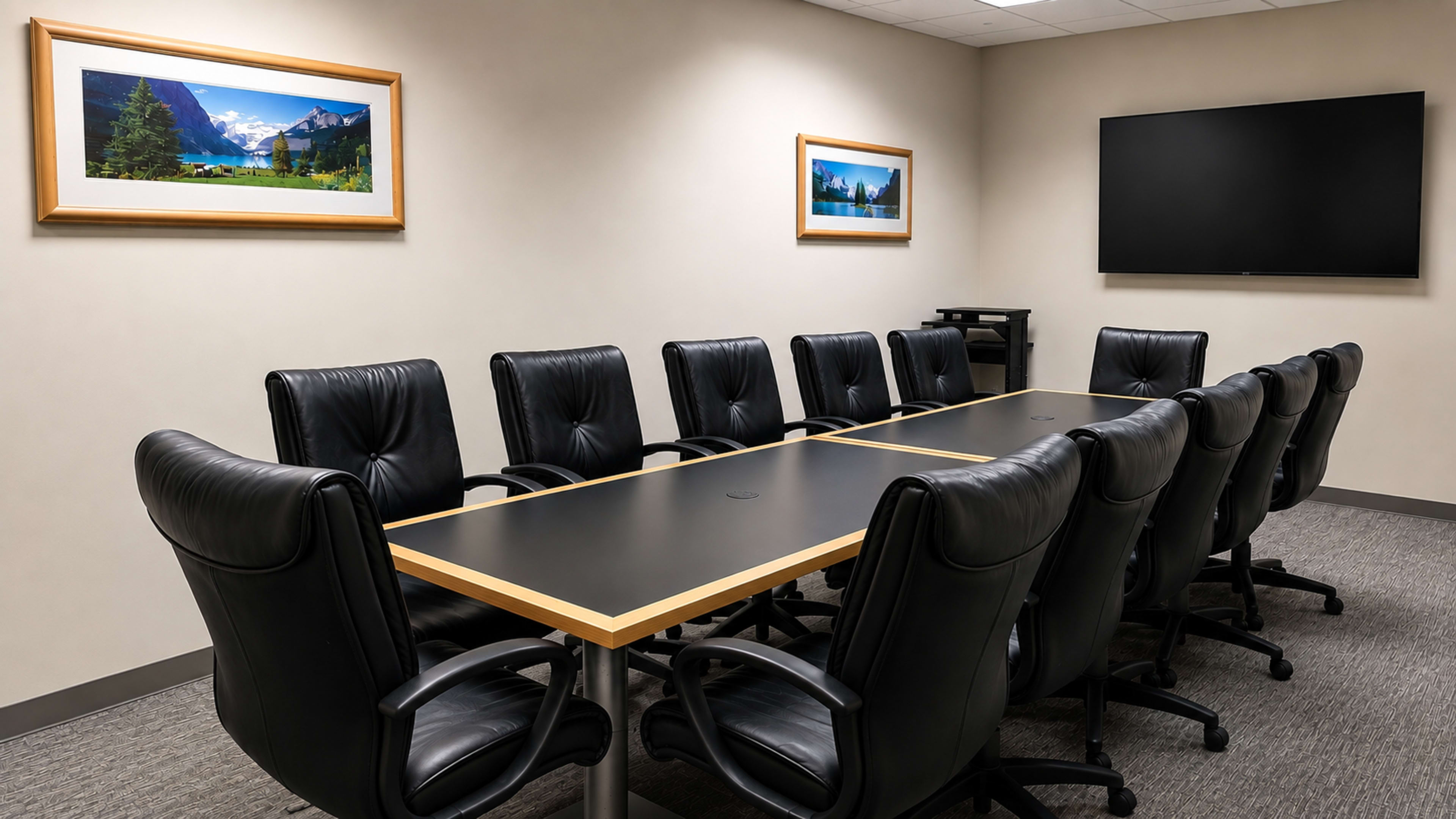 A conference room features a large rectangular table surrounded by twelve black leather chairs, with framed landscape images on the walls and a flat-screen monitor mounted in the corner.