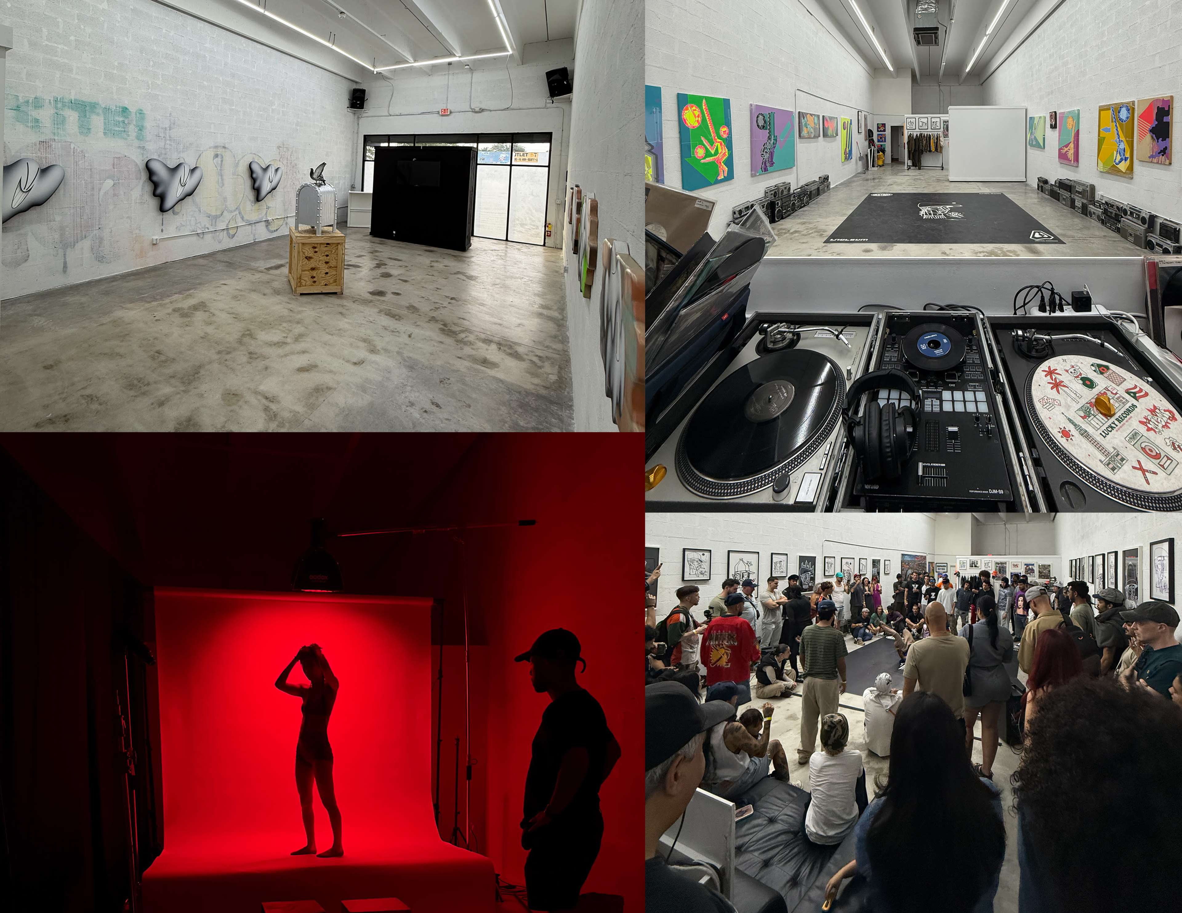 The image showcases a montage of diverse art exhibition spaces, including a gallery with colorful artworks, a DJ setup with turntables, and a red-lit area featuring a silhouetted figure amidst an audience in a separate art setting.