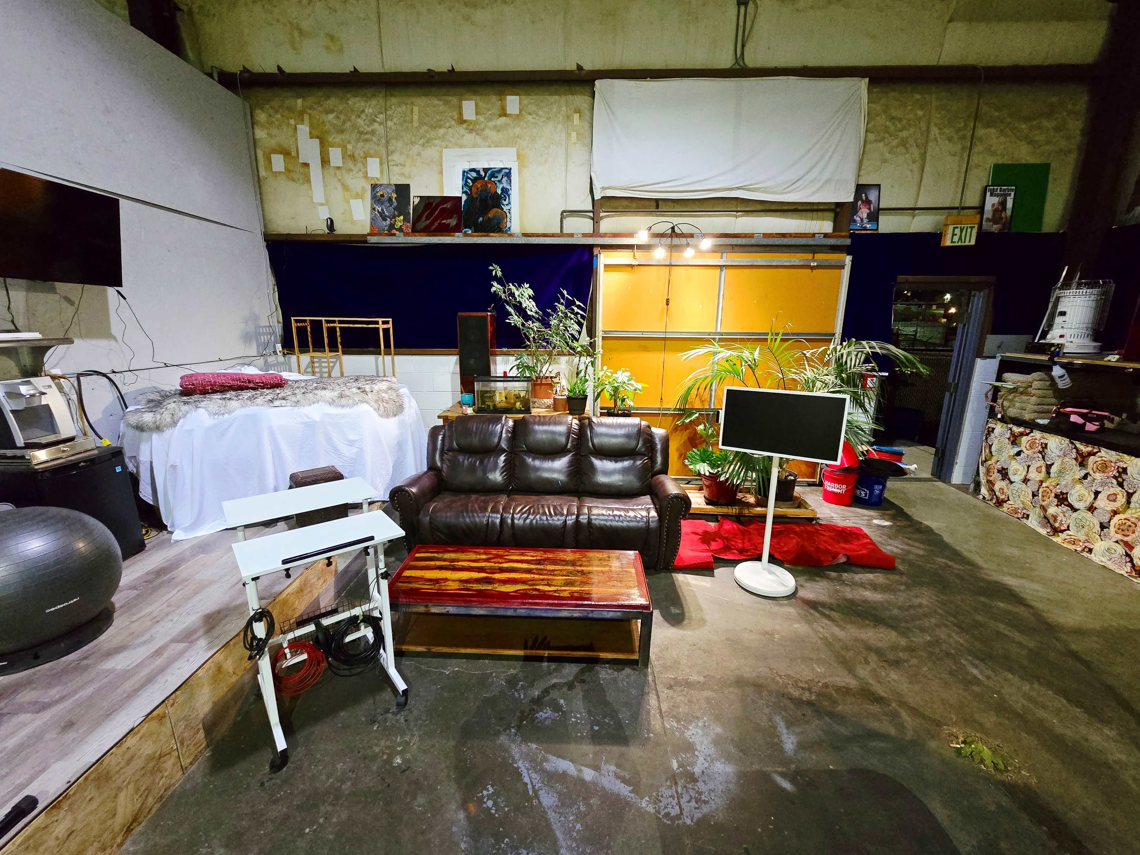 The image shows a large space with various furniture items, including a leather sofa, a wooden coffee table, and a flat-screen TV, surrounded by plants and decorative elements.