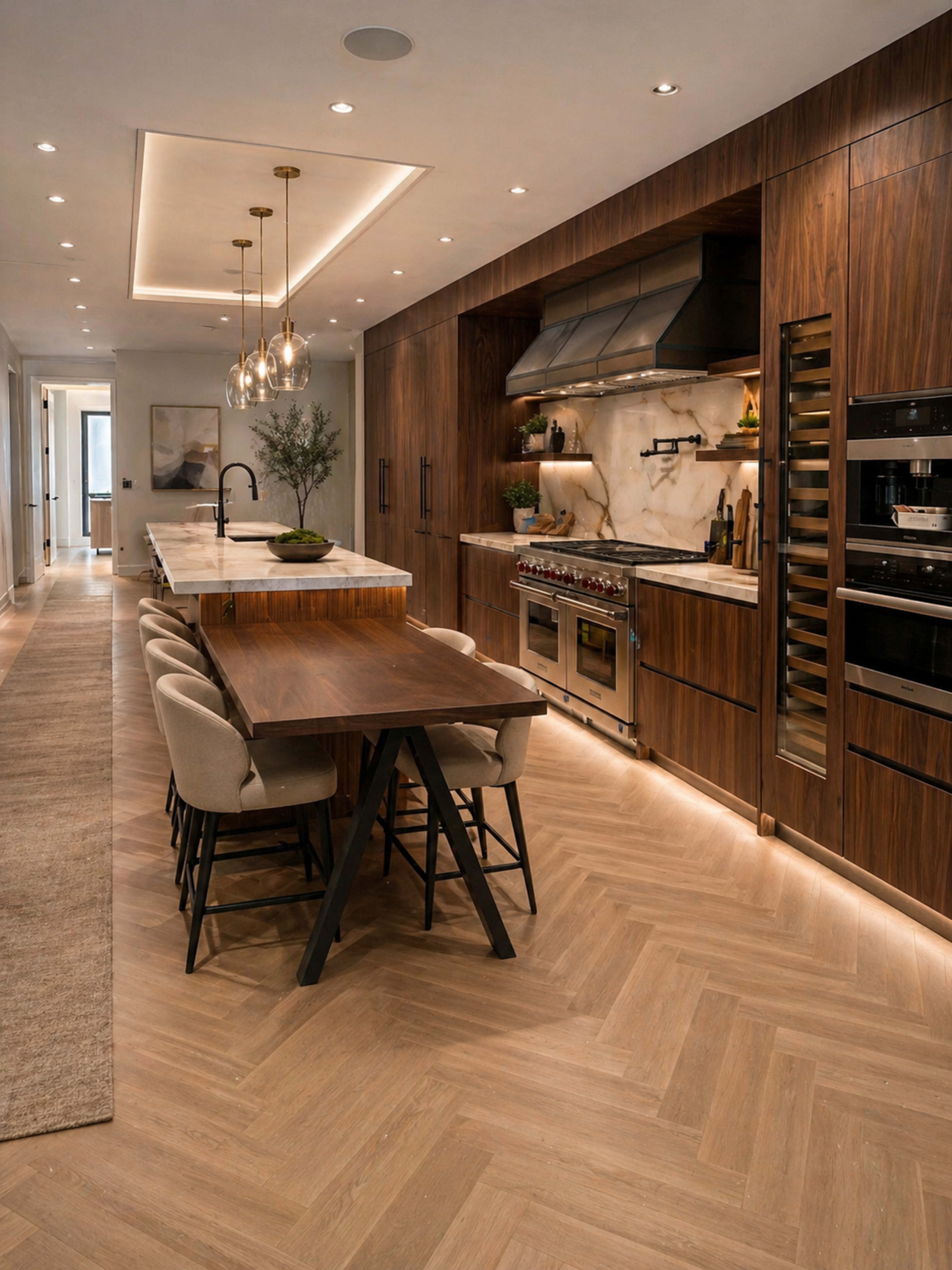The image features a modern kitchen with wooden cabinets, a large marble countertop, and a dining table surrounded by upholstered chairs, all illuminated by recessed lighting and decorative pendant lights.