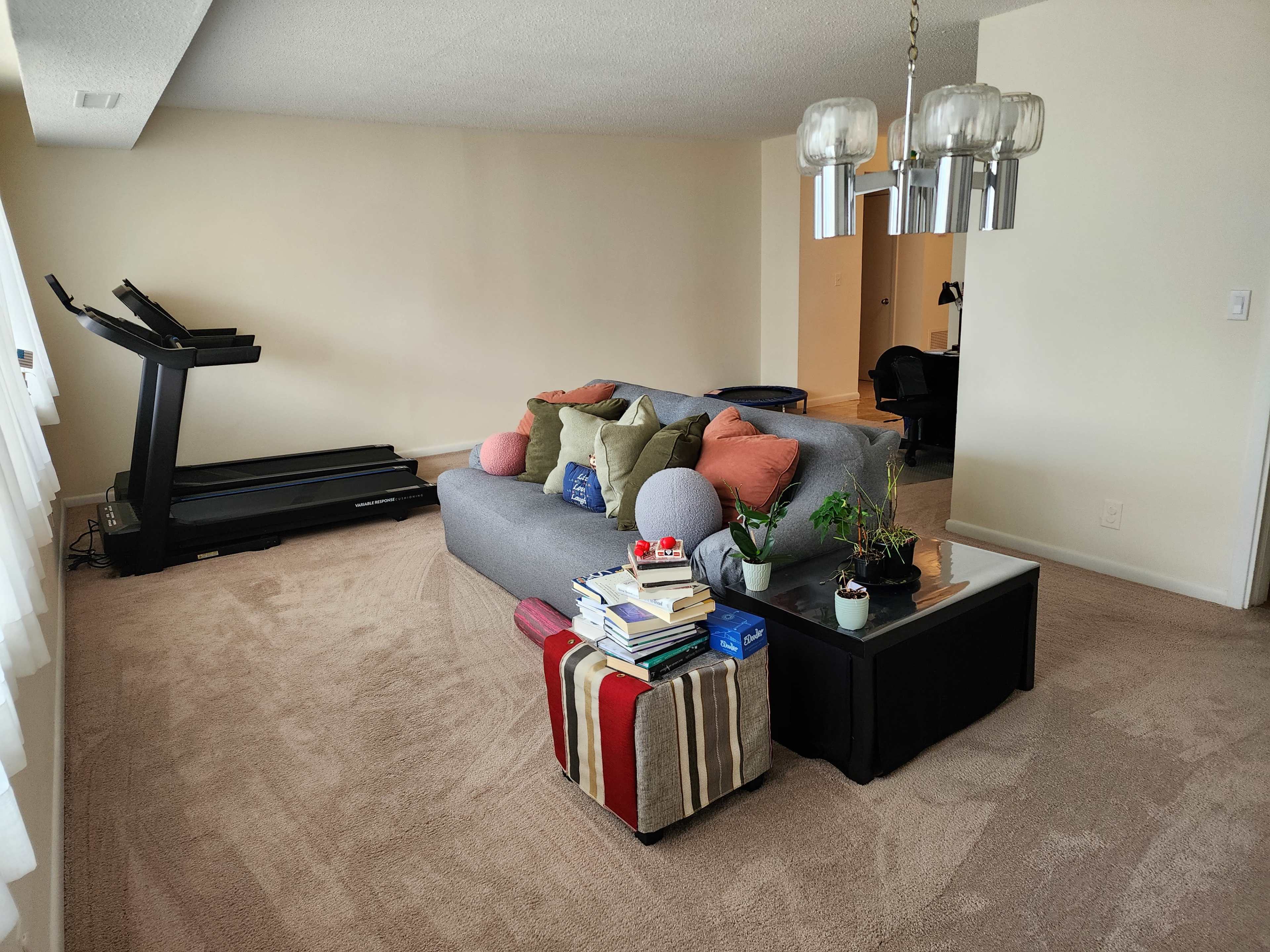 The image shows a living room with a gray sofa adorned with colorful pillows, a coffee table stacked with books and a blanket, and a treadmill in the background.