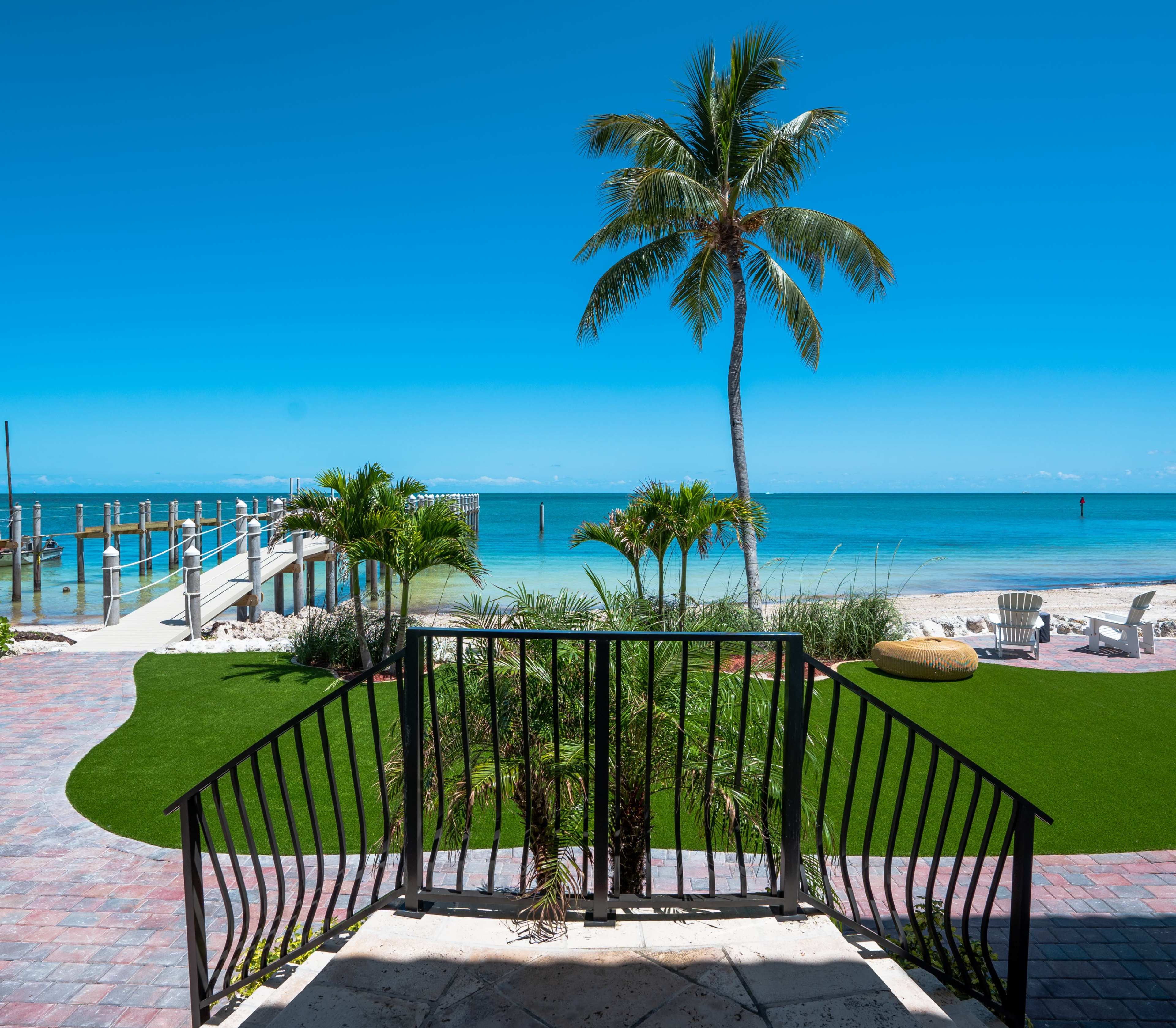 A view of a beach with a palm tree, grassy area, and a wooden dock extending over calm waters under a clear blue sky.