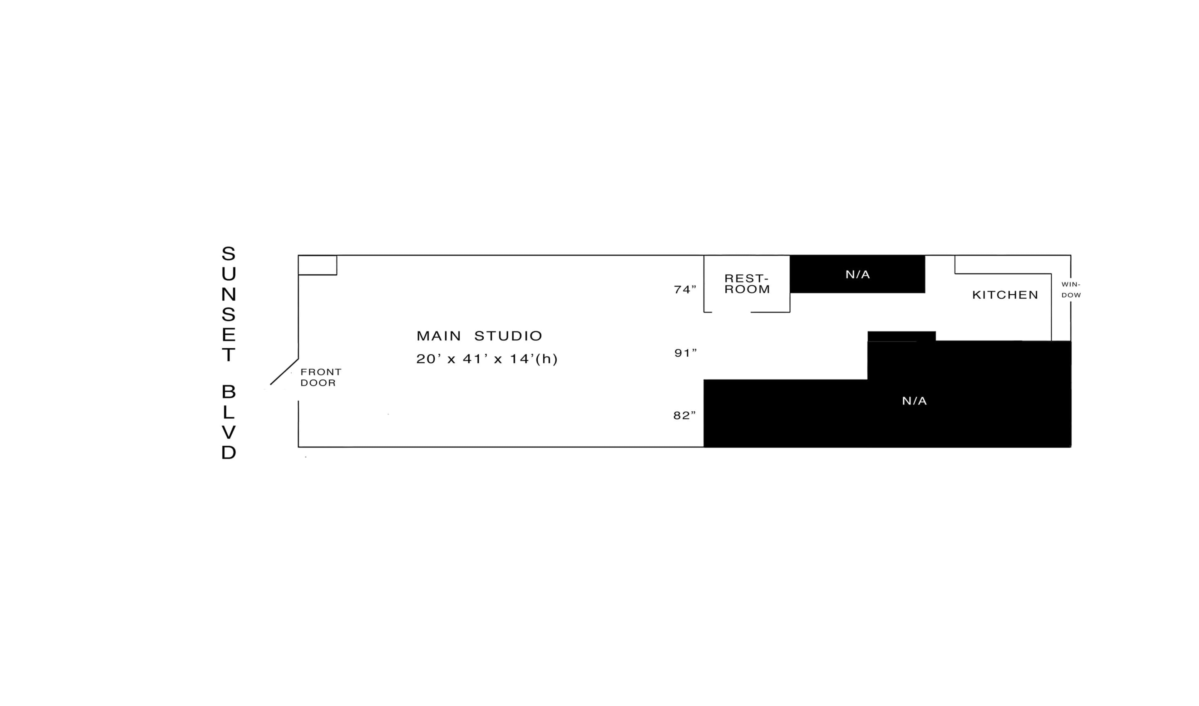 The image is a floor plan of a studio layout, detailing the dimensions of various rooms including a kitchen, rest room, and main studio.