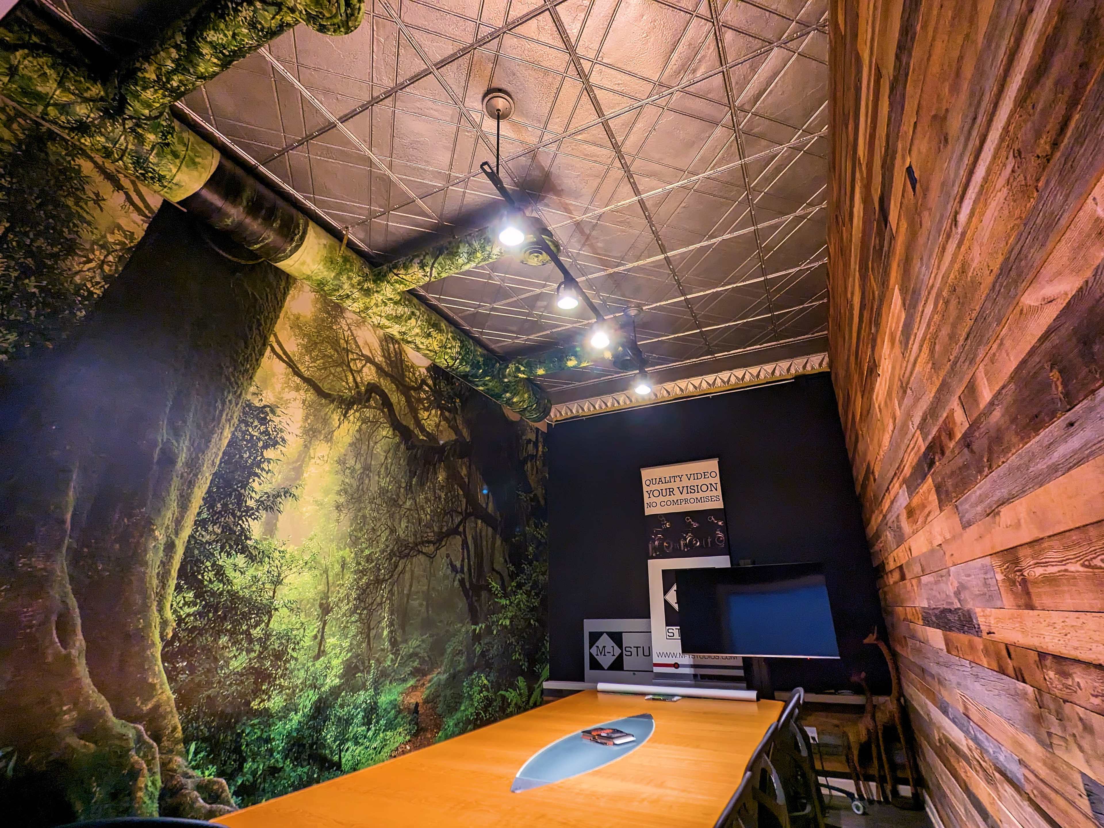 A meeting room features a wooden table, a television, and walls adorned with a forest mural and wooden panels.